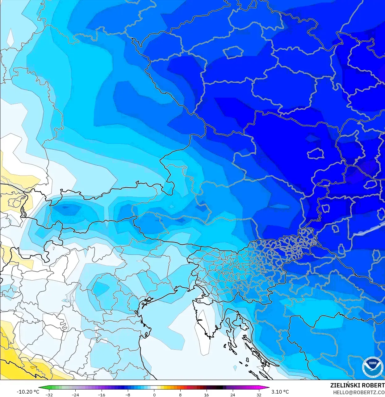 GFS modelo - Áustria, Anomalia de temperatura a 850 hPa