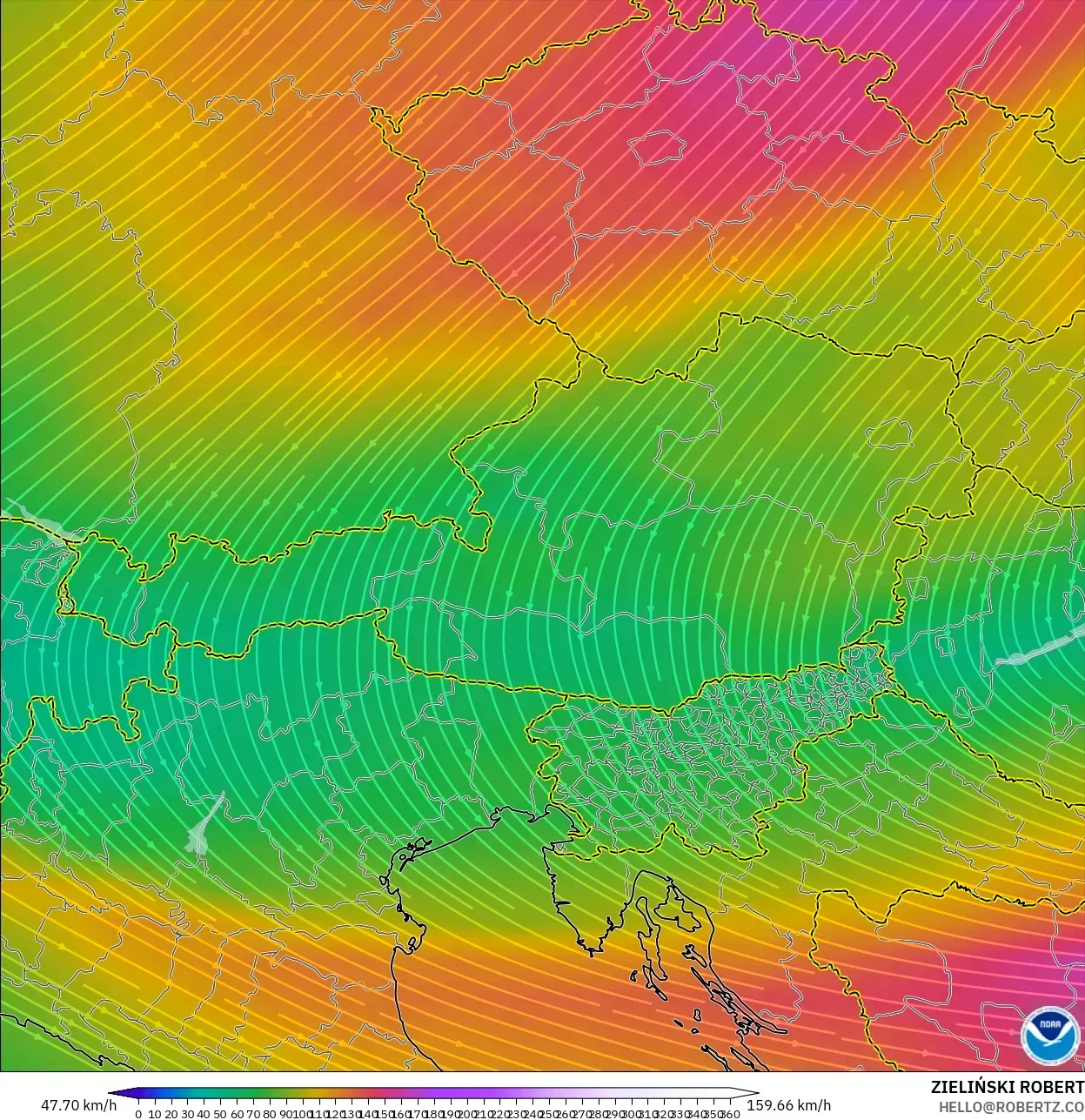 GFS modelo - Áustria, Vento a 300 hPa (corrente em jato)