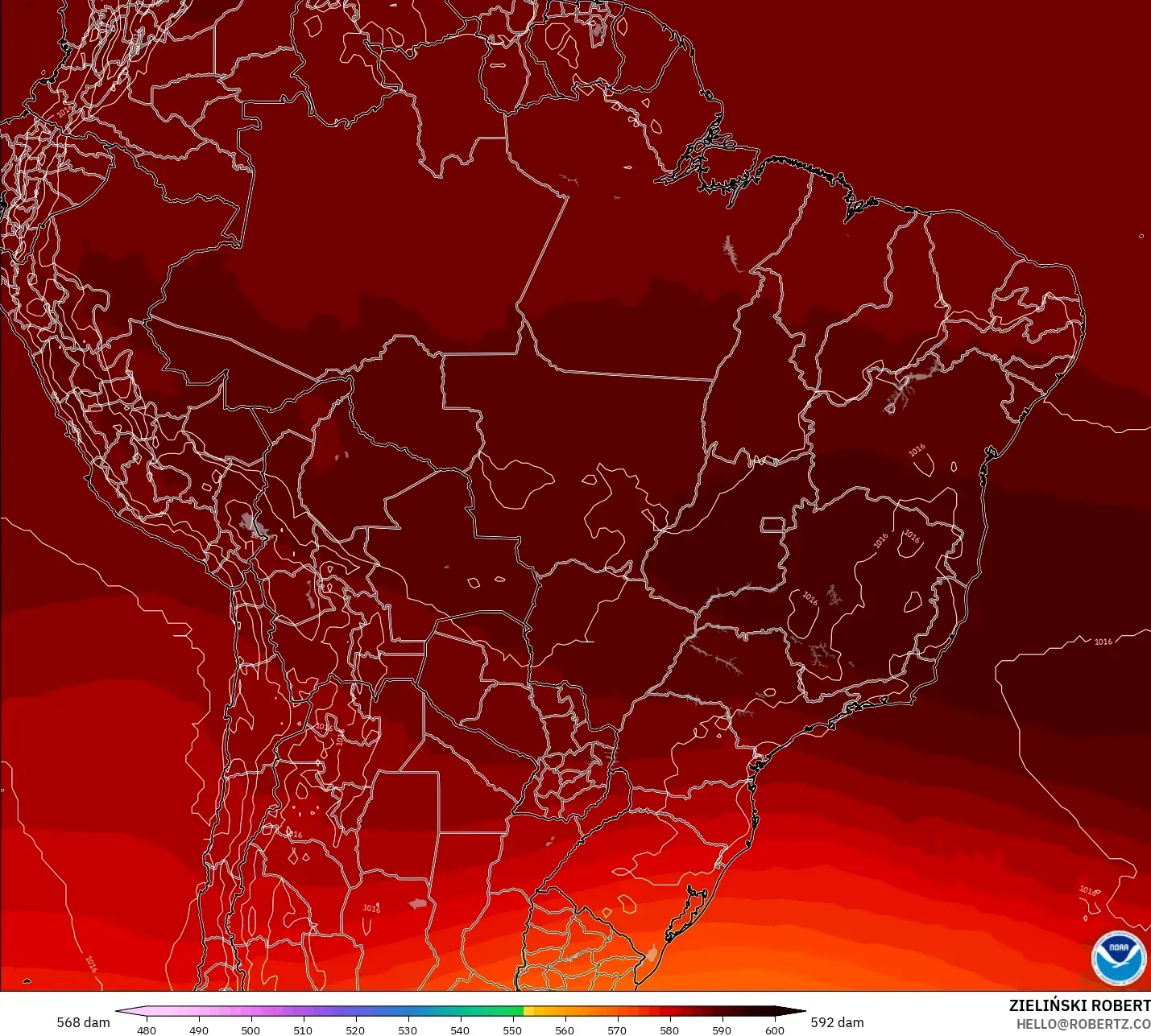 GFS modelo - Brasil, Altura geopotencial a 500 hPa