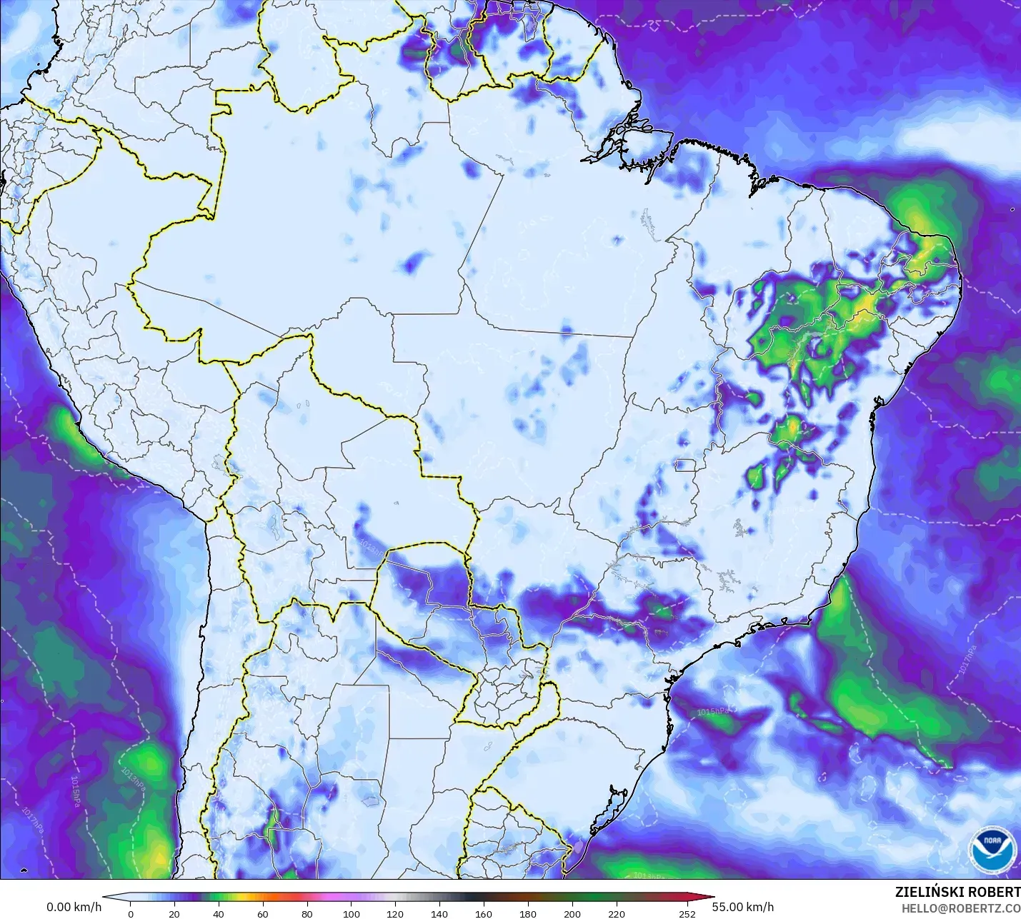 GFS modelo - Brasil, Rajadas de vento