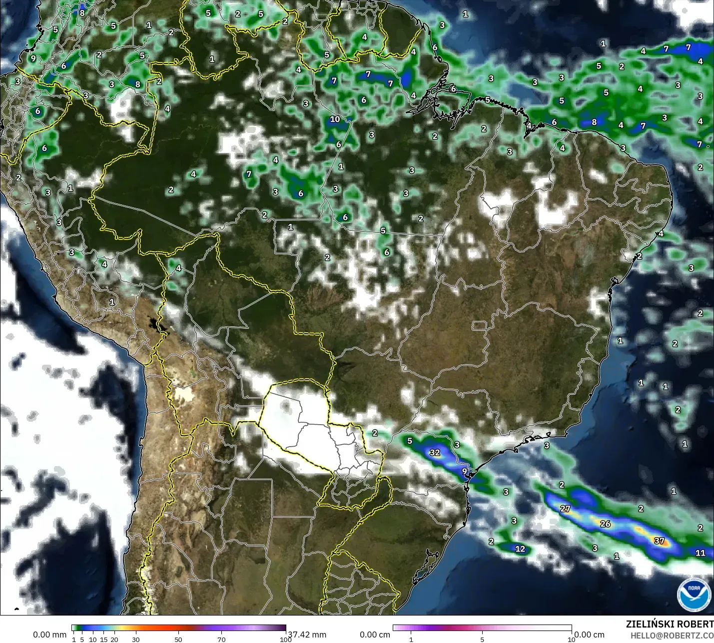 GFS modelo - Brasil, Precipitação, nuvens e pressão
