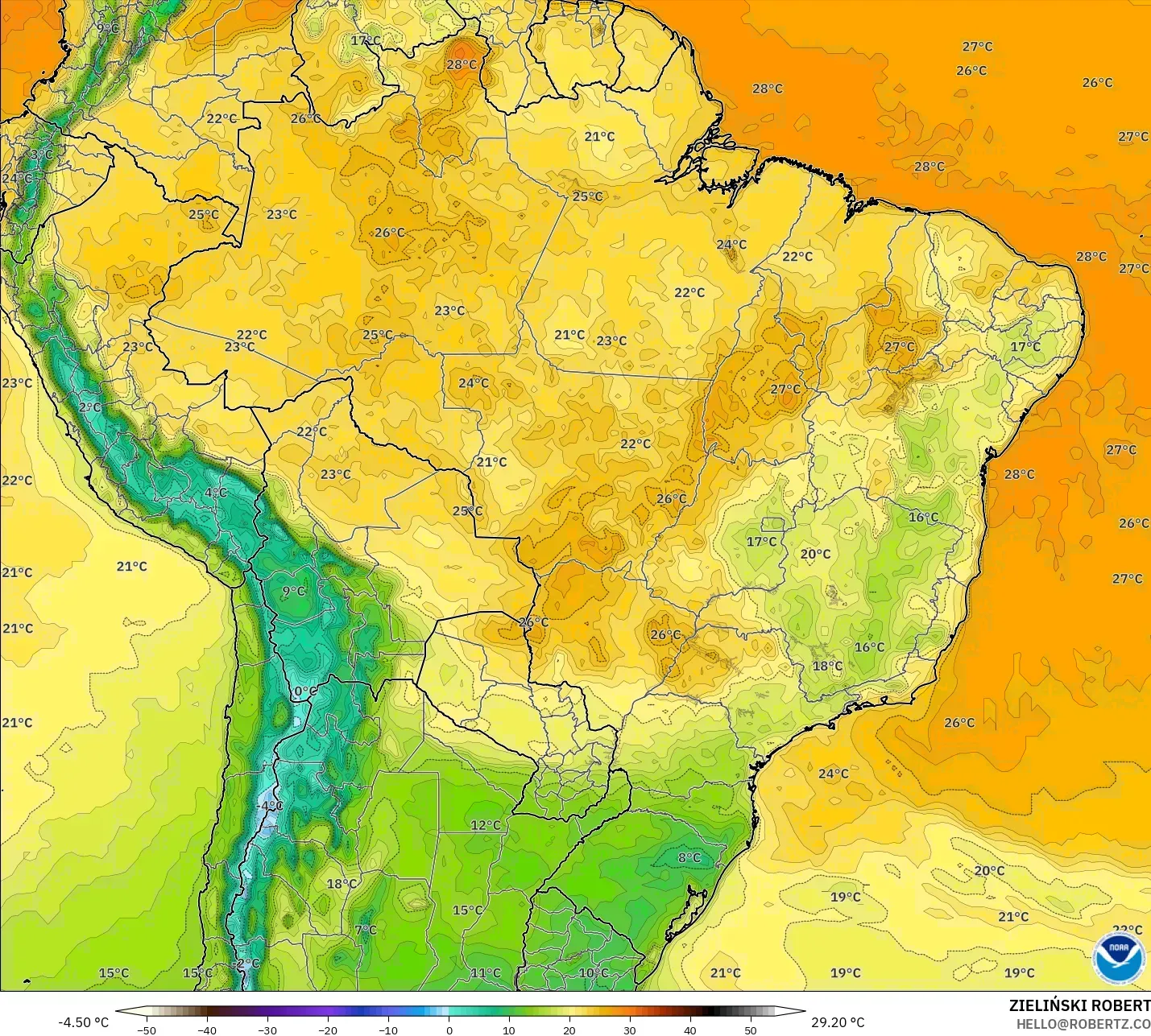 GFS modelo - Brasil, Temperatura a 2 m