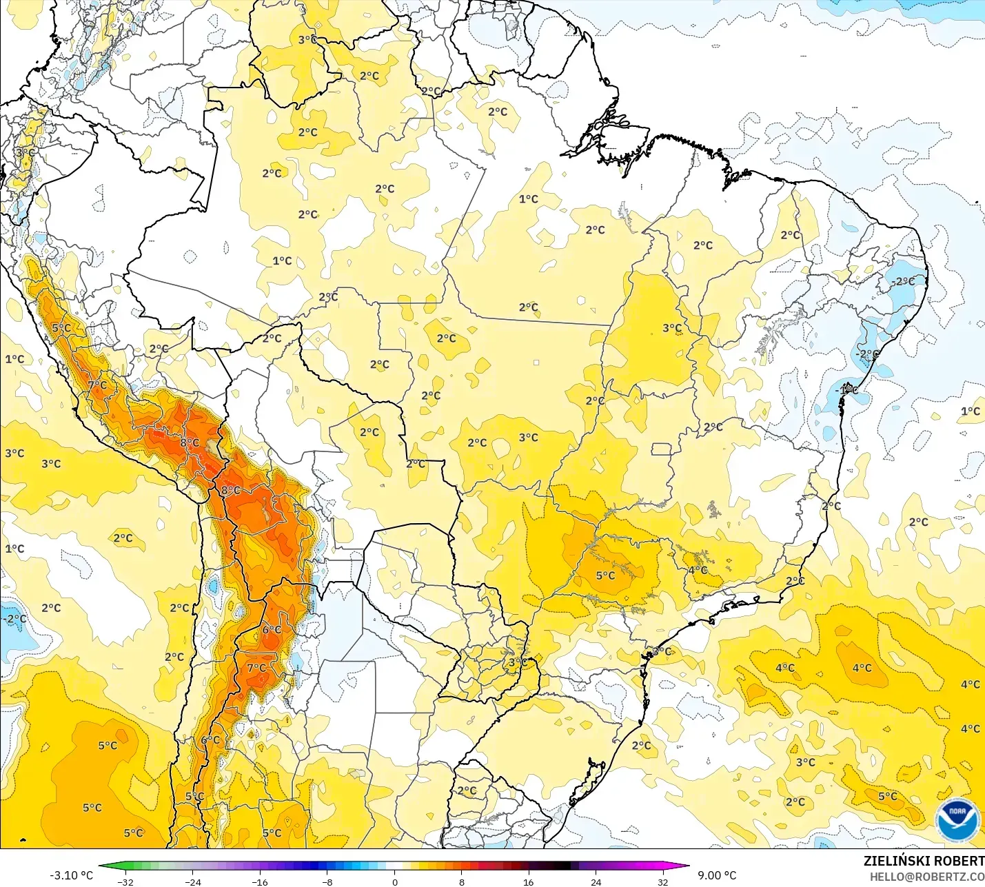GFS modelo - Brasil, Anomalia de temperatura a 850 hPa