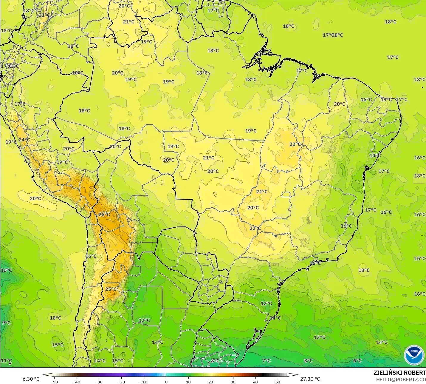 GFS modelo - Brasil, Temperatura a 850 hPa