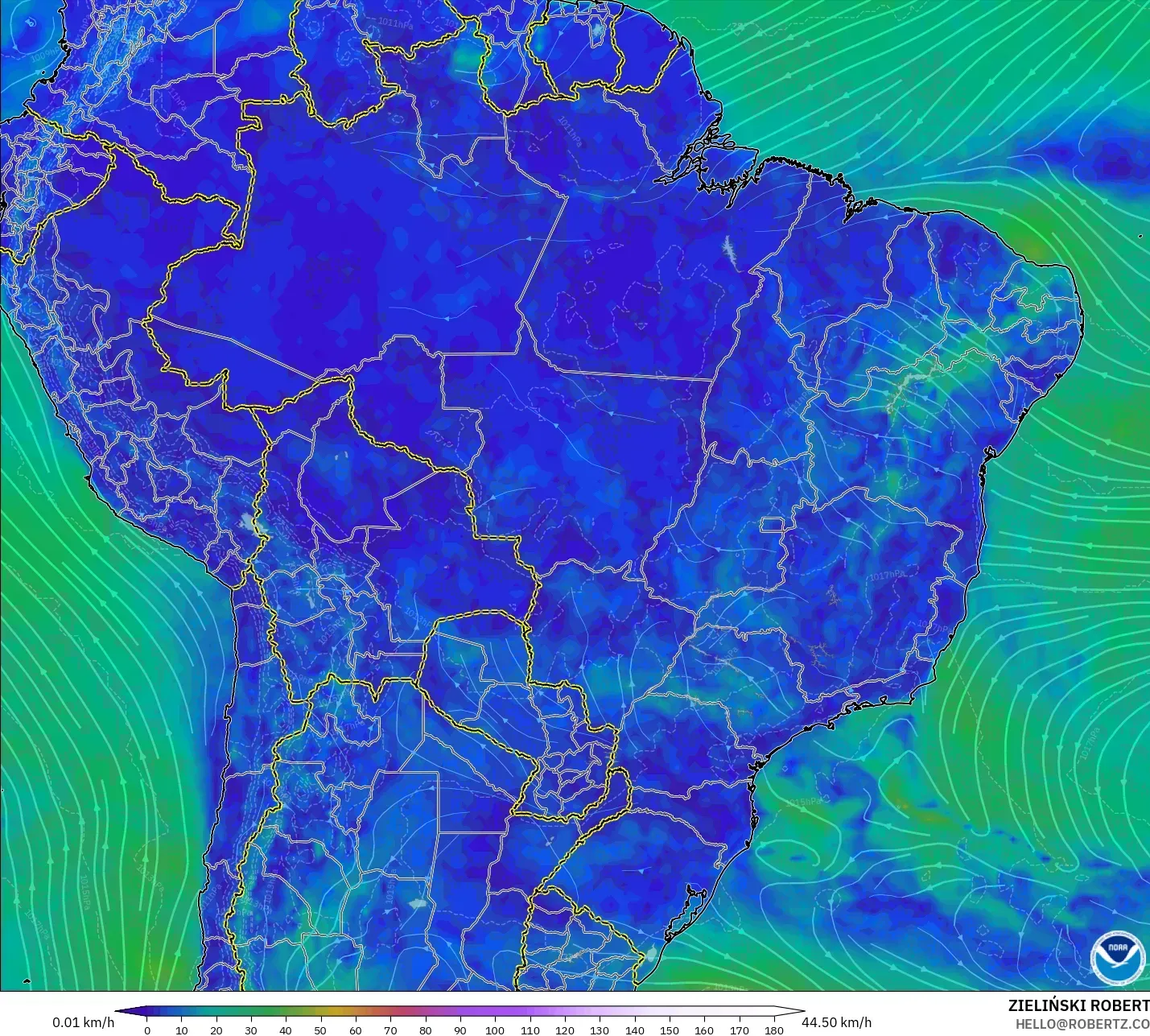 GFS modelo - Brasil, Vento a 10 m