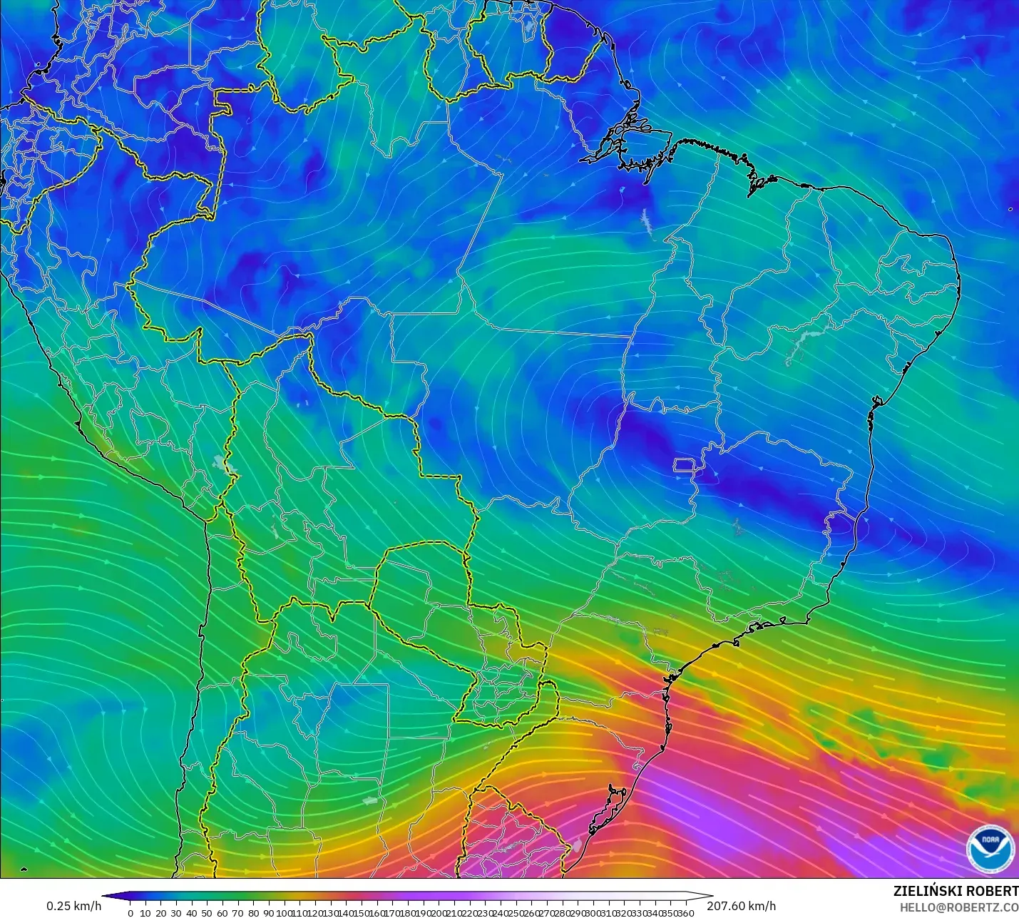 GFS modelo - Brasil, Vento a 300 hPa (corrente em jato)