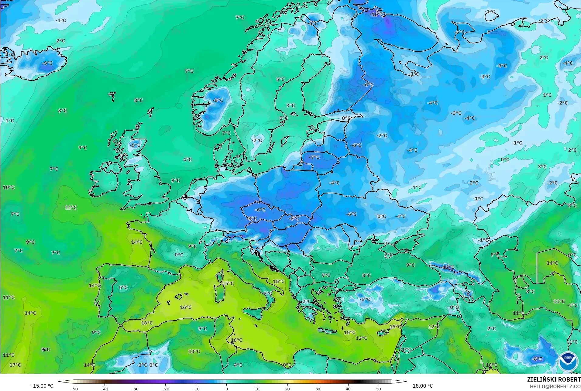 GFS modelo - Europa, Ponto de orvalho a 2 m