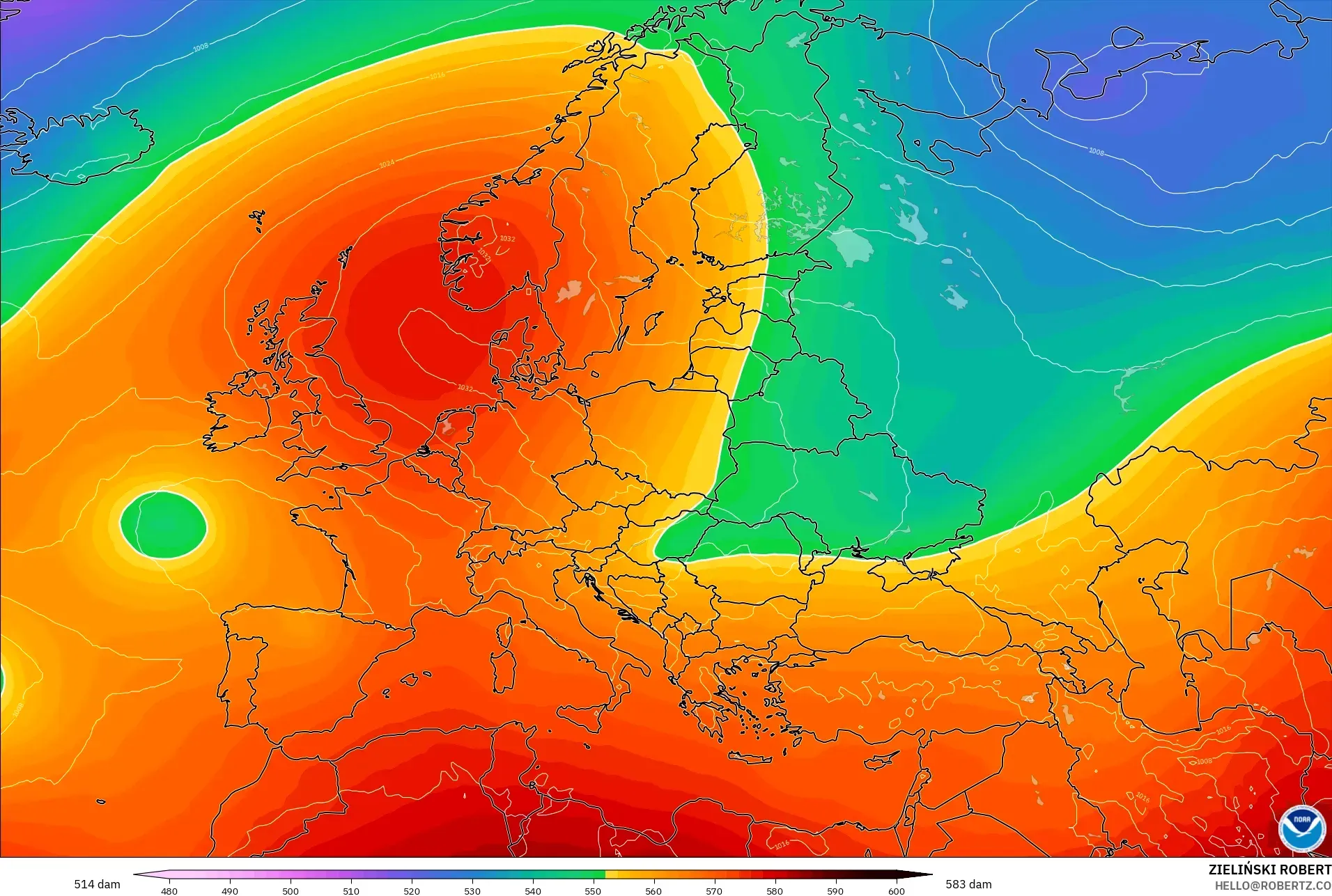 GFS modelo - Europa, Altura geopotencial a 500 hPa