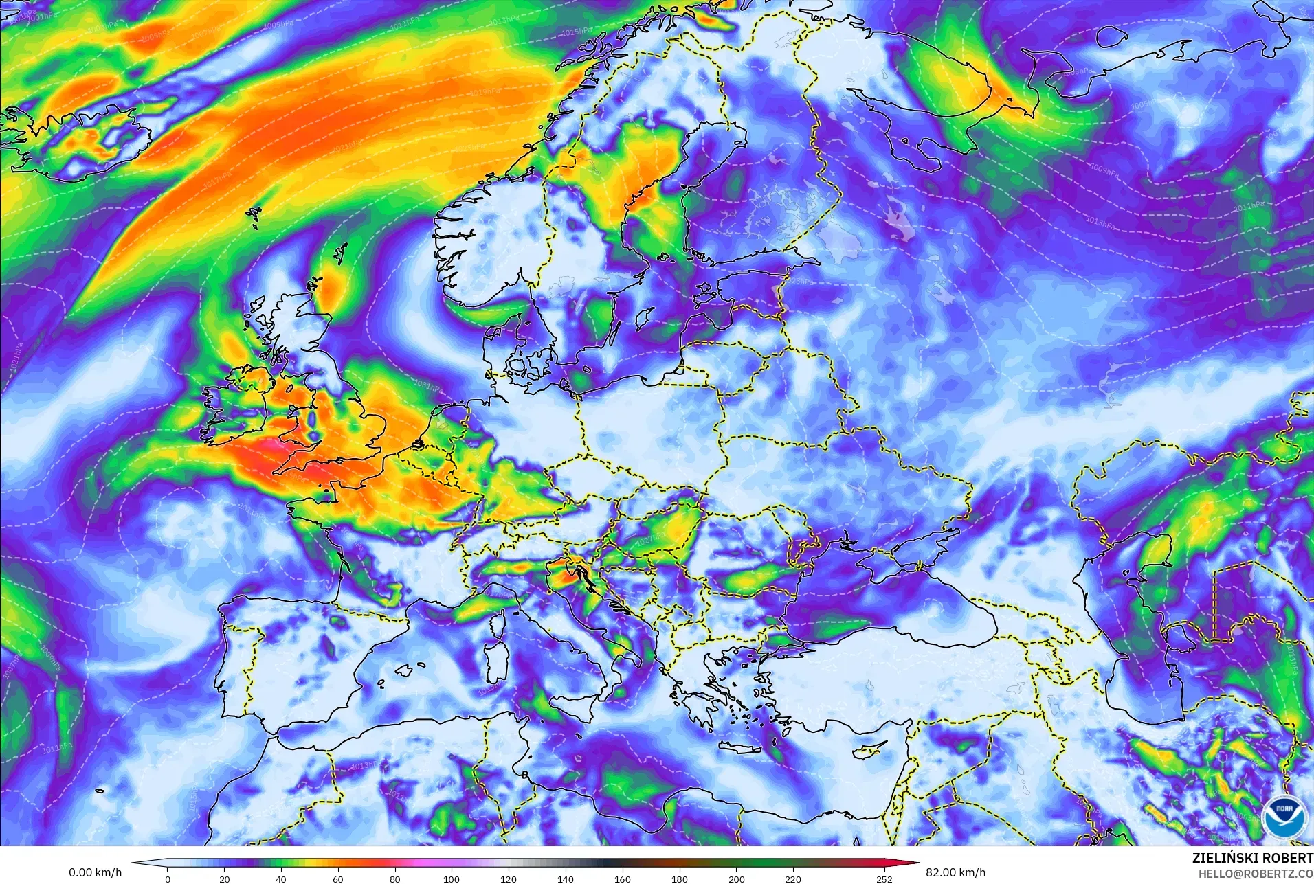 GFS modelo - Europa, Rajadas de Vento Máximas