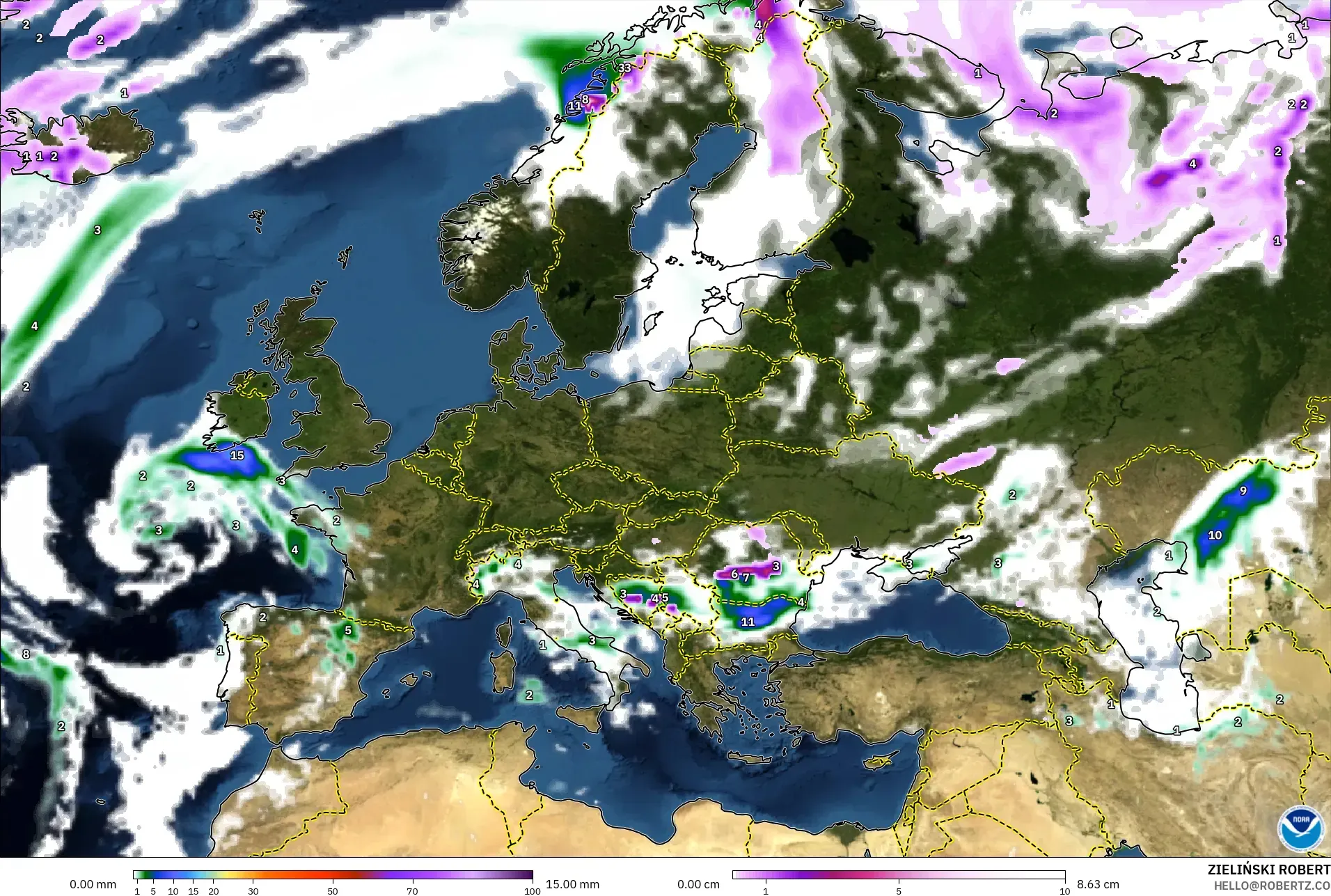 GFS modelo - Europa, Precipitação, nuvens e pressão