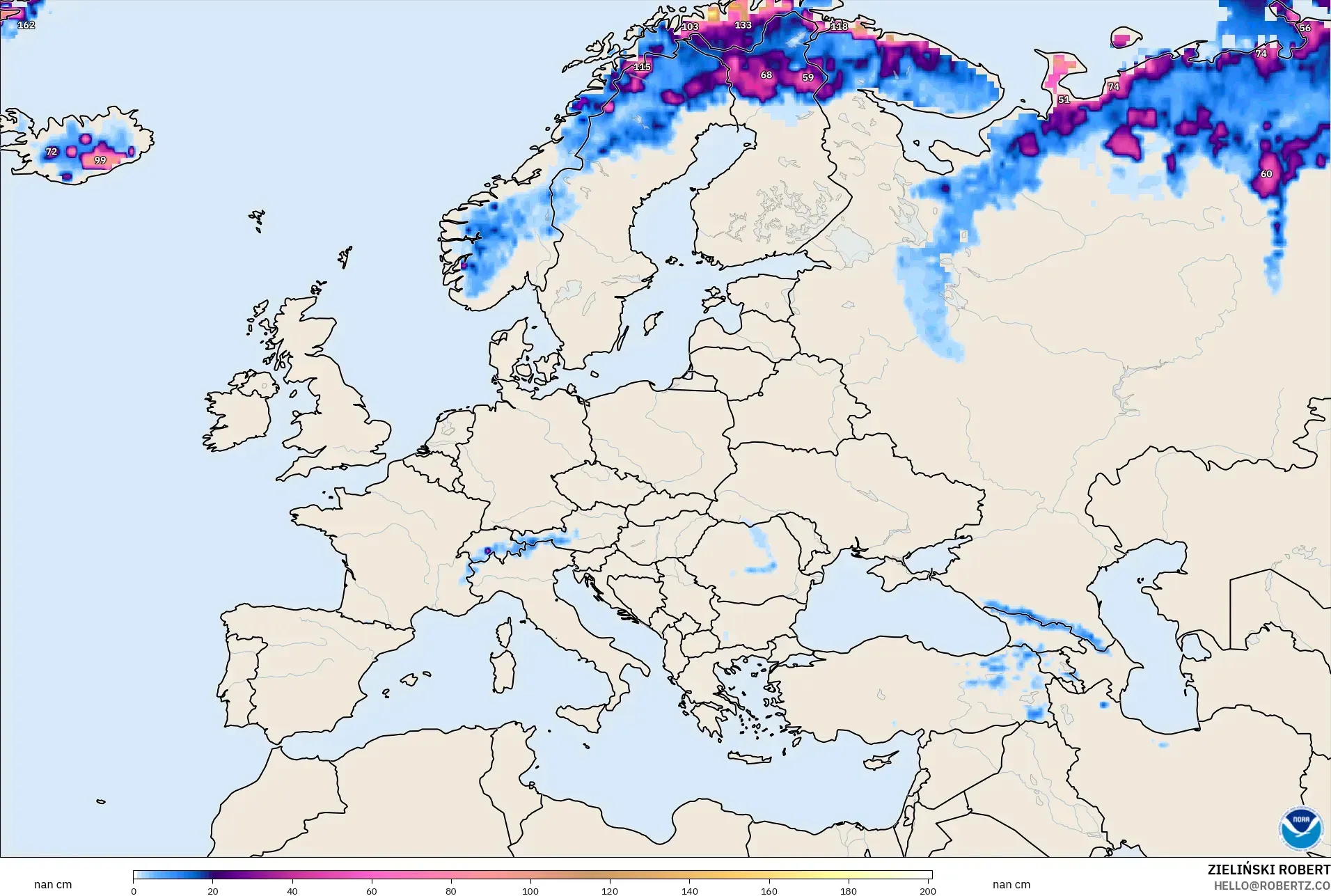 GFS modelo - Europa, Profundidade da neve