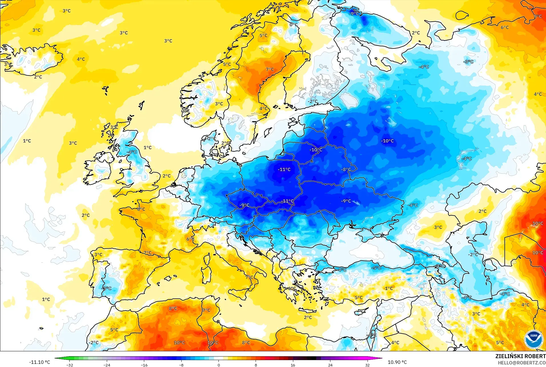 GFS modelo - Europa, Anomalia de temperatura a 2 m