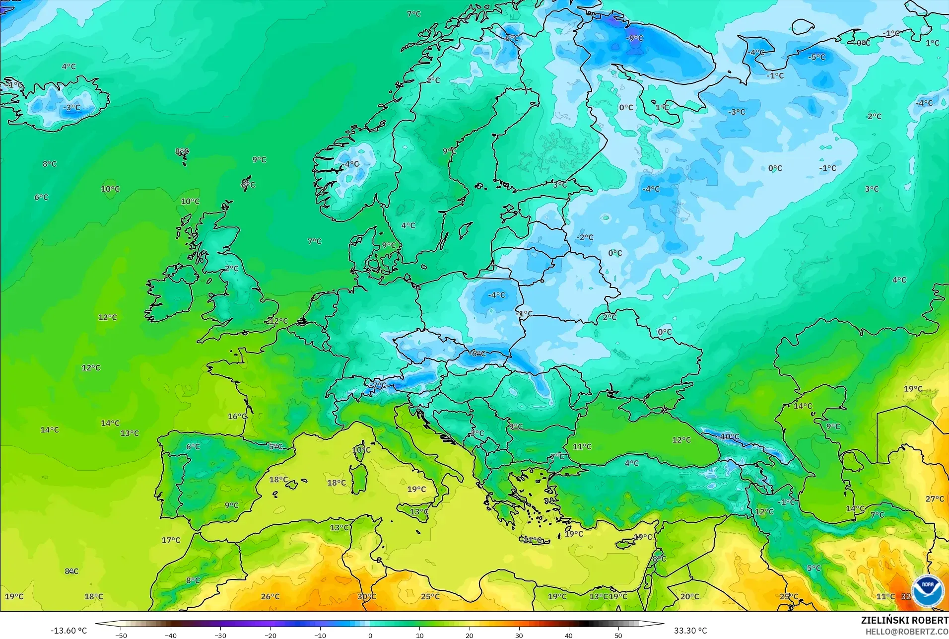 GFS modelo - Europa, Temperatura a 2 m