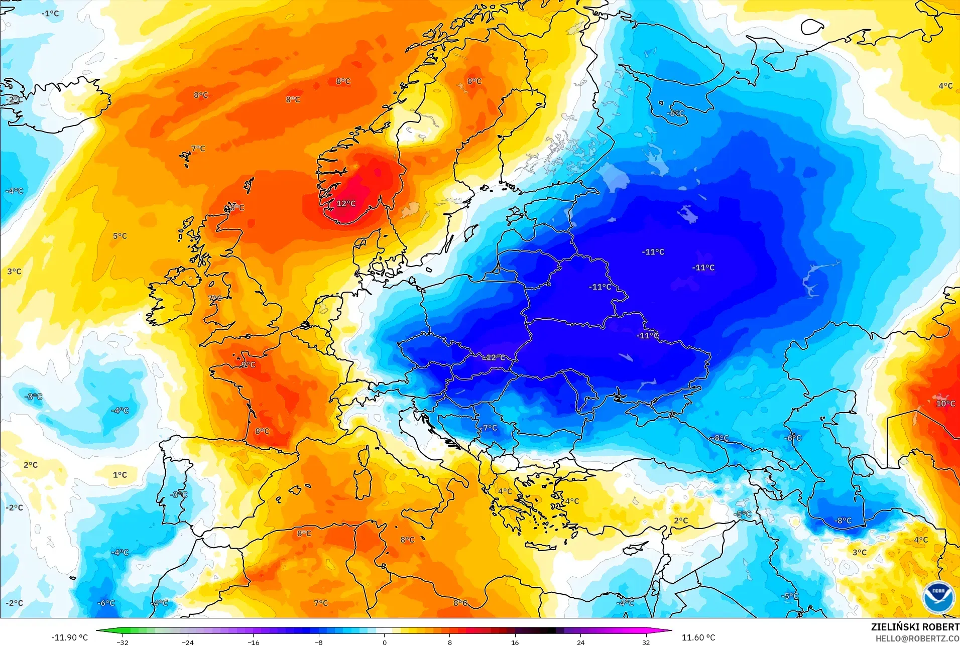 GFS modelo - Europa, Anomalia de temperatura a 850 hPa