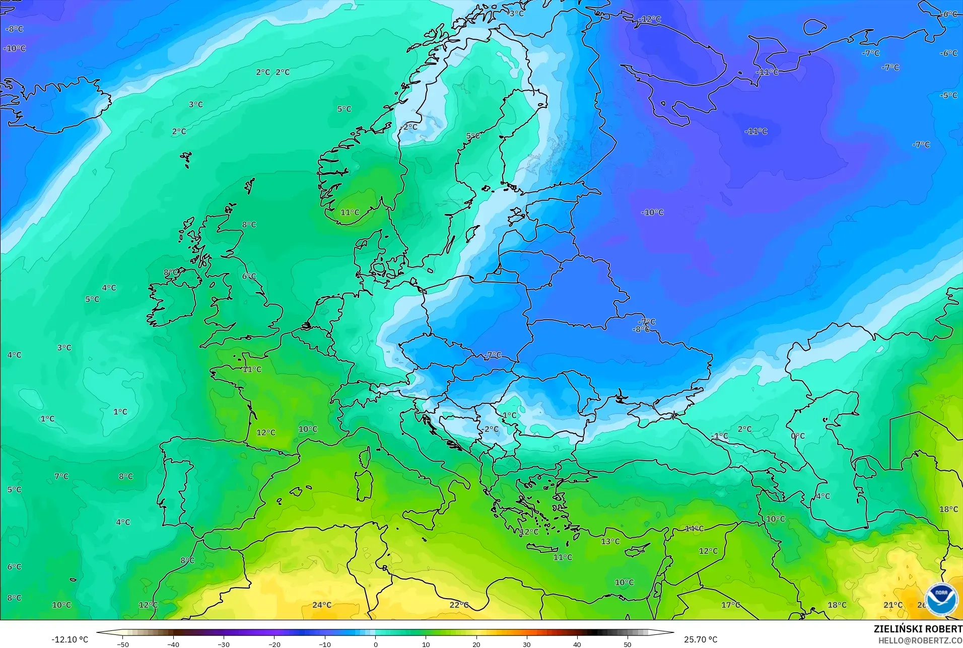 GFS modelo - Europa, Temperatura a 850 hPa