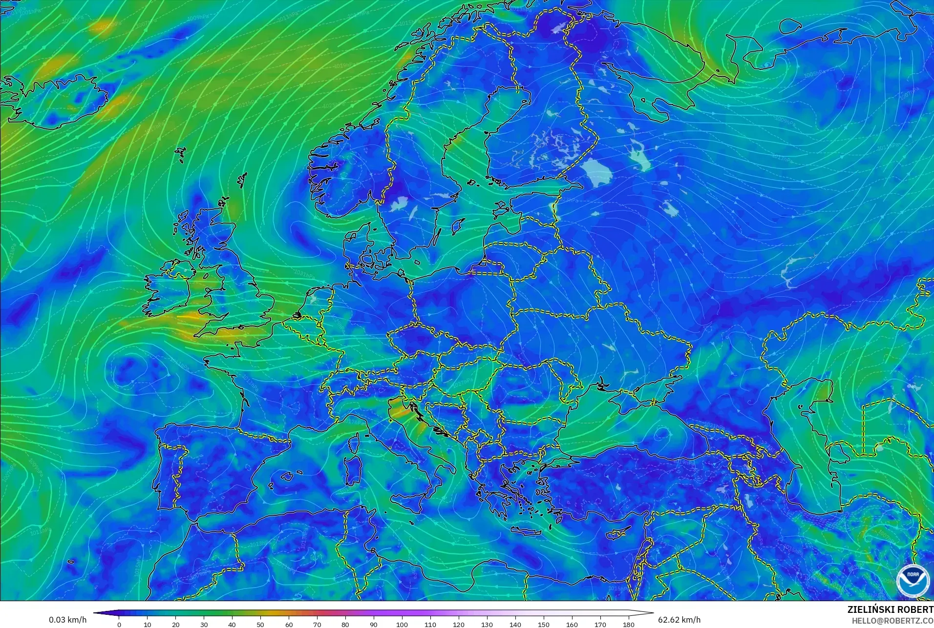 GFS modelo - Europa, Vento a 10 m