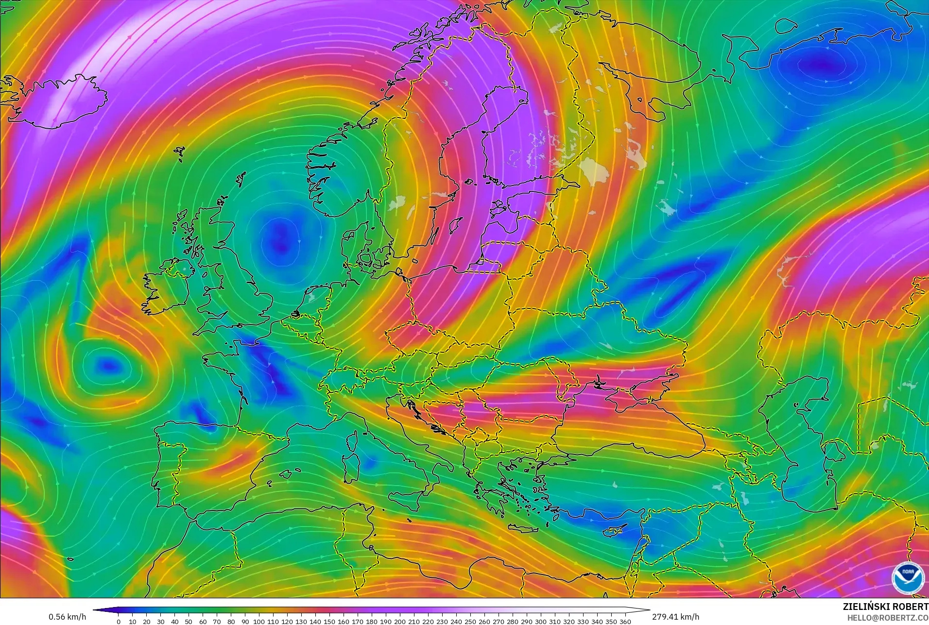 GFS modelo - Europa, Vento a 300 hPa (corrente em jato)