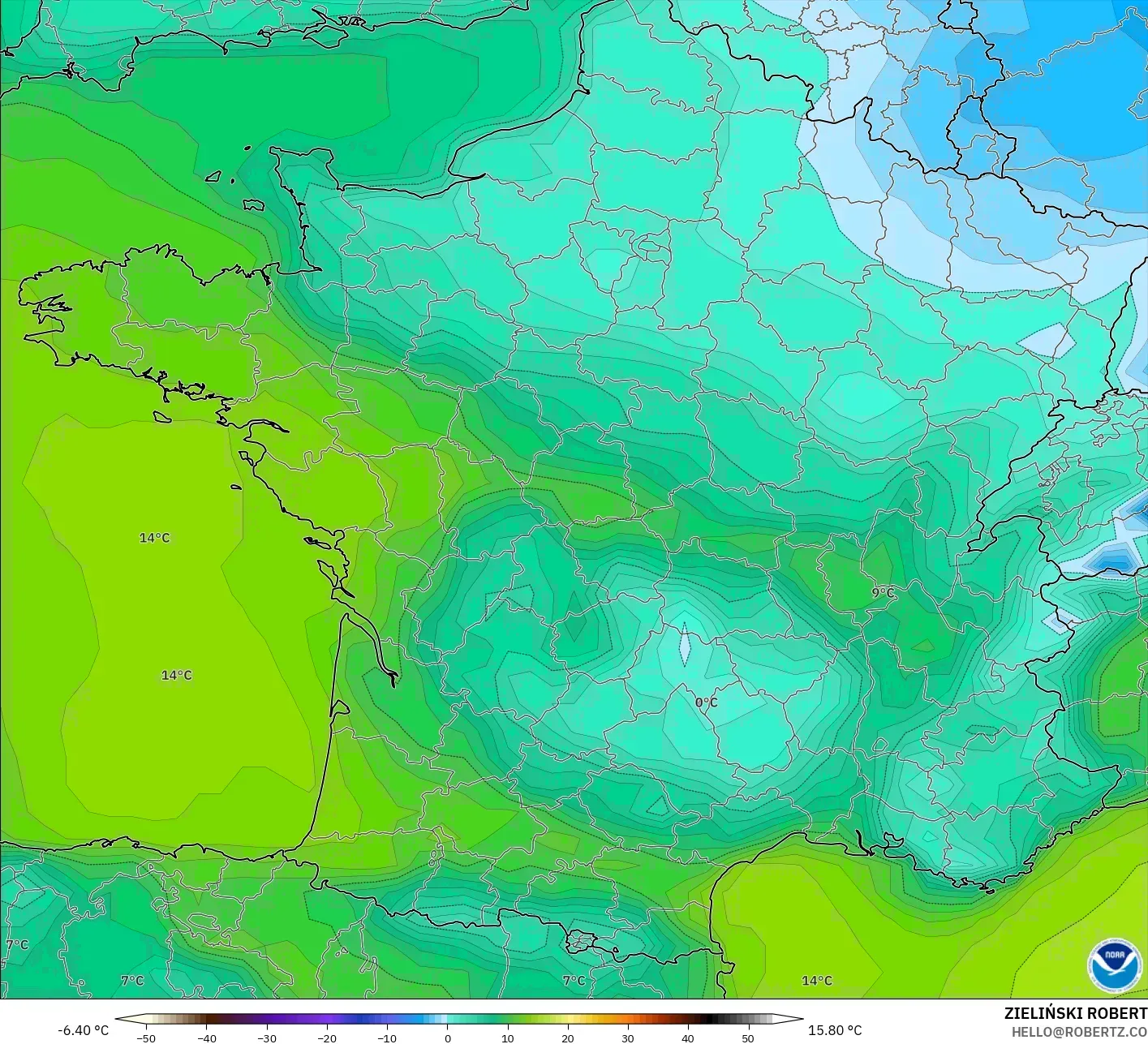 GFS modelo - França, Ponto de orvalho a 2 m