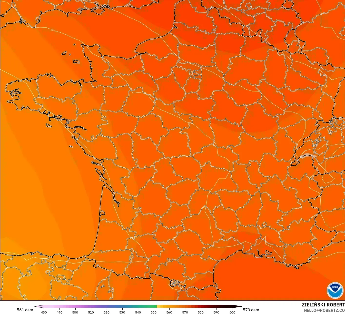 GFS modelo - França, Altura geopotencial a 500 hPa