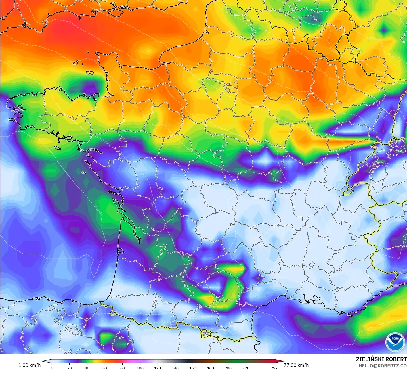 GFS modelo - França, Rajadas de vento