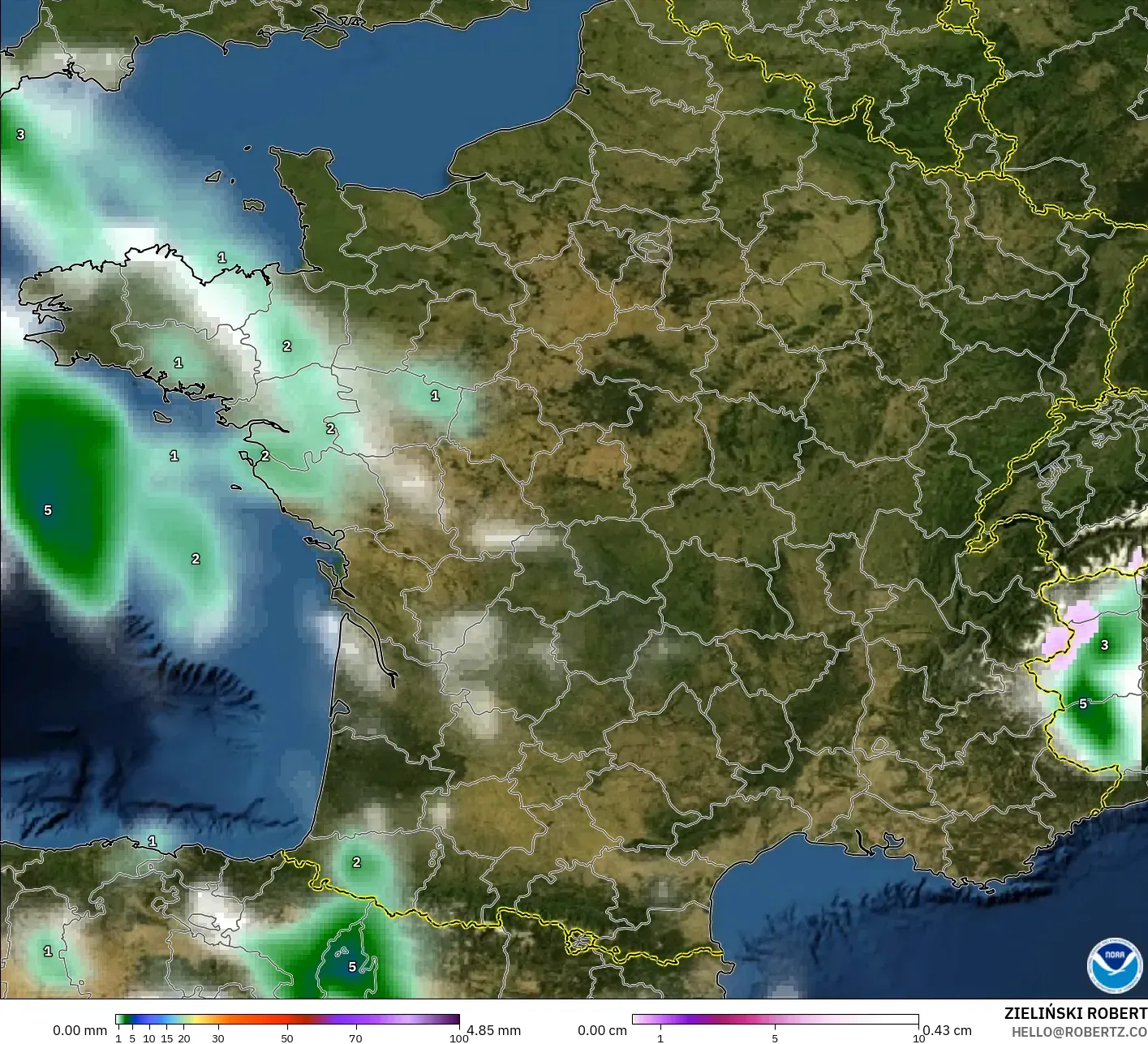 GFS modelo - França, Precipitação, nuvens e pressão