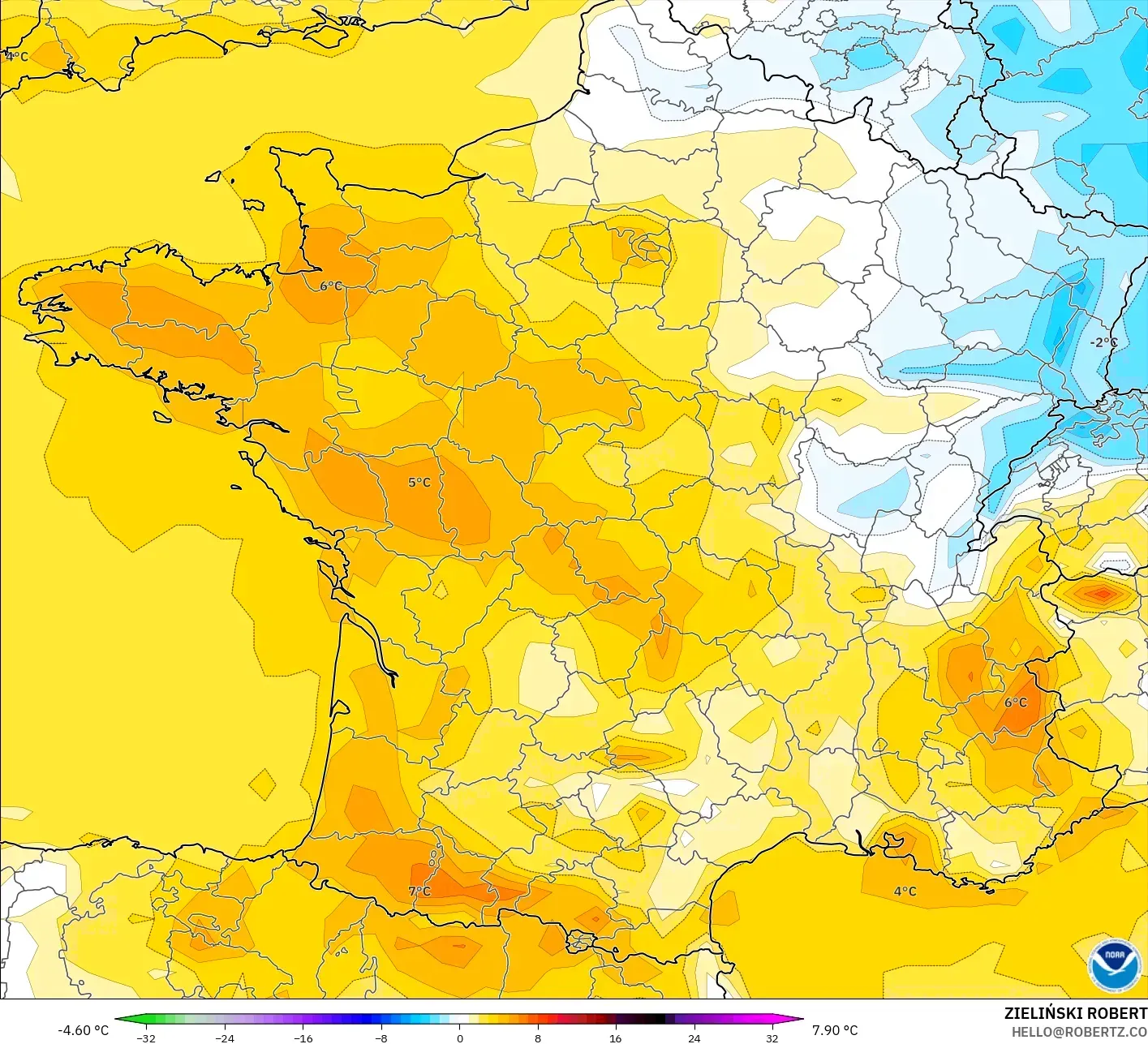 GFS modelo - França, Anomalia de temperatura a 2 m