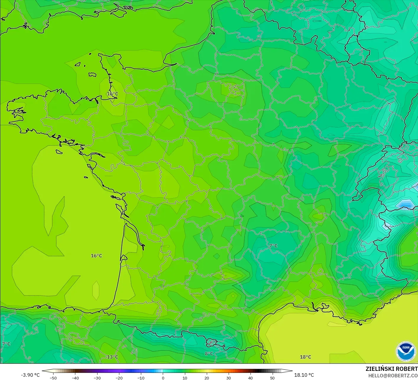 GFS modelo - França, Temperatura a 2 m