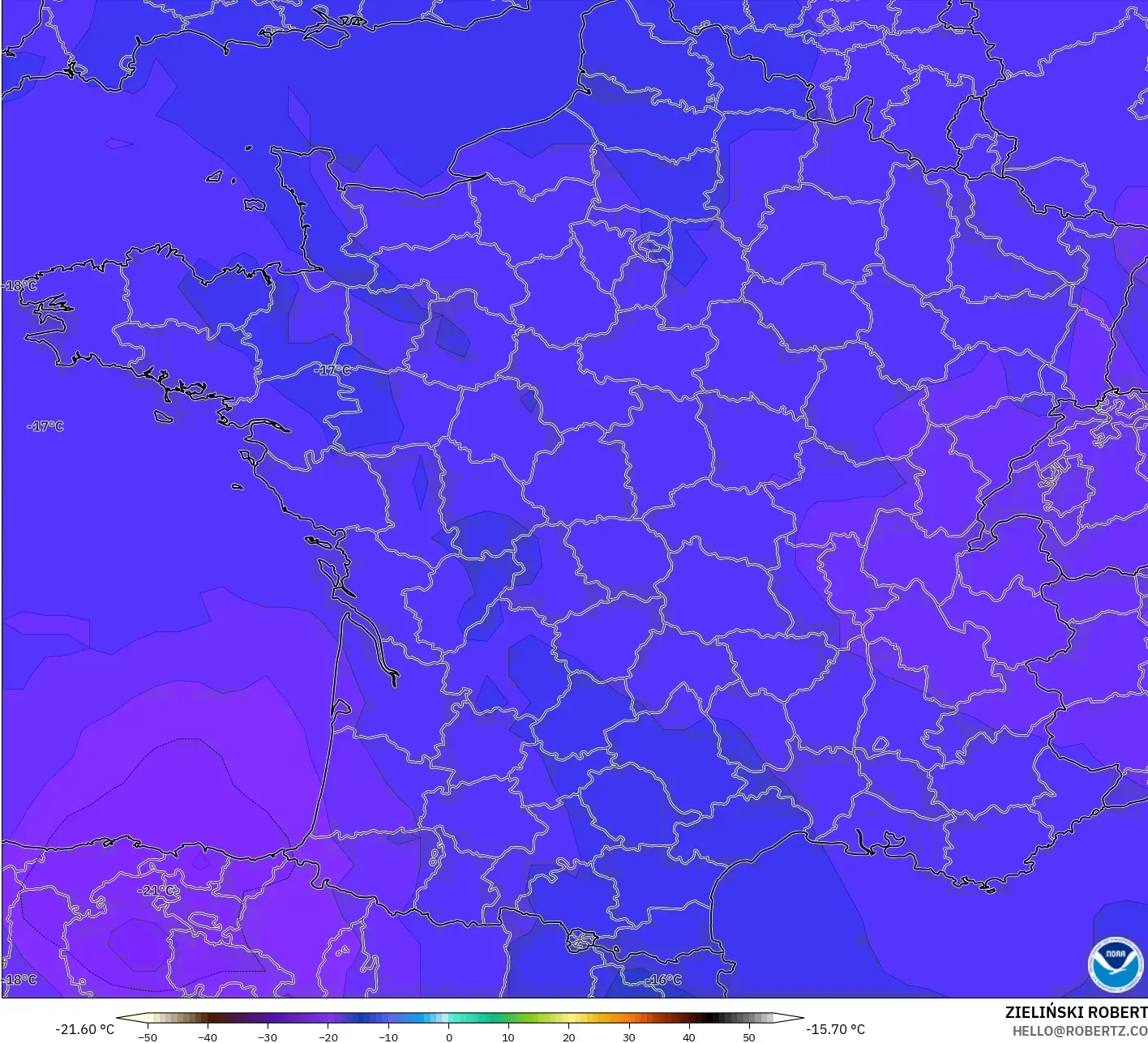 GFS modelo - França, Temperatura a 500 hPa