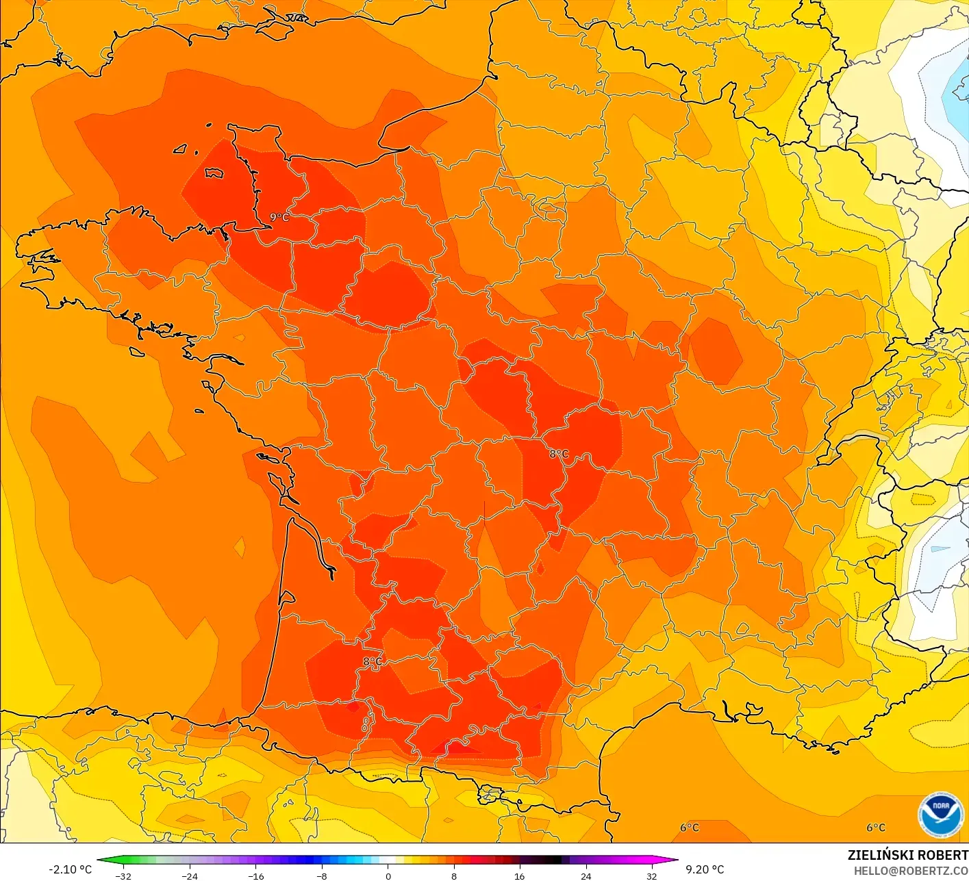 GFS modelo - França, Anomalia de temperatura a 850 hPa