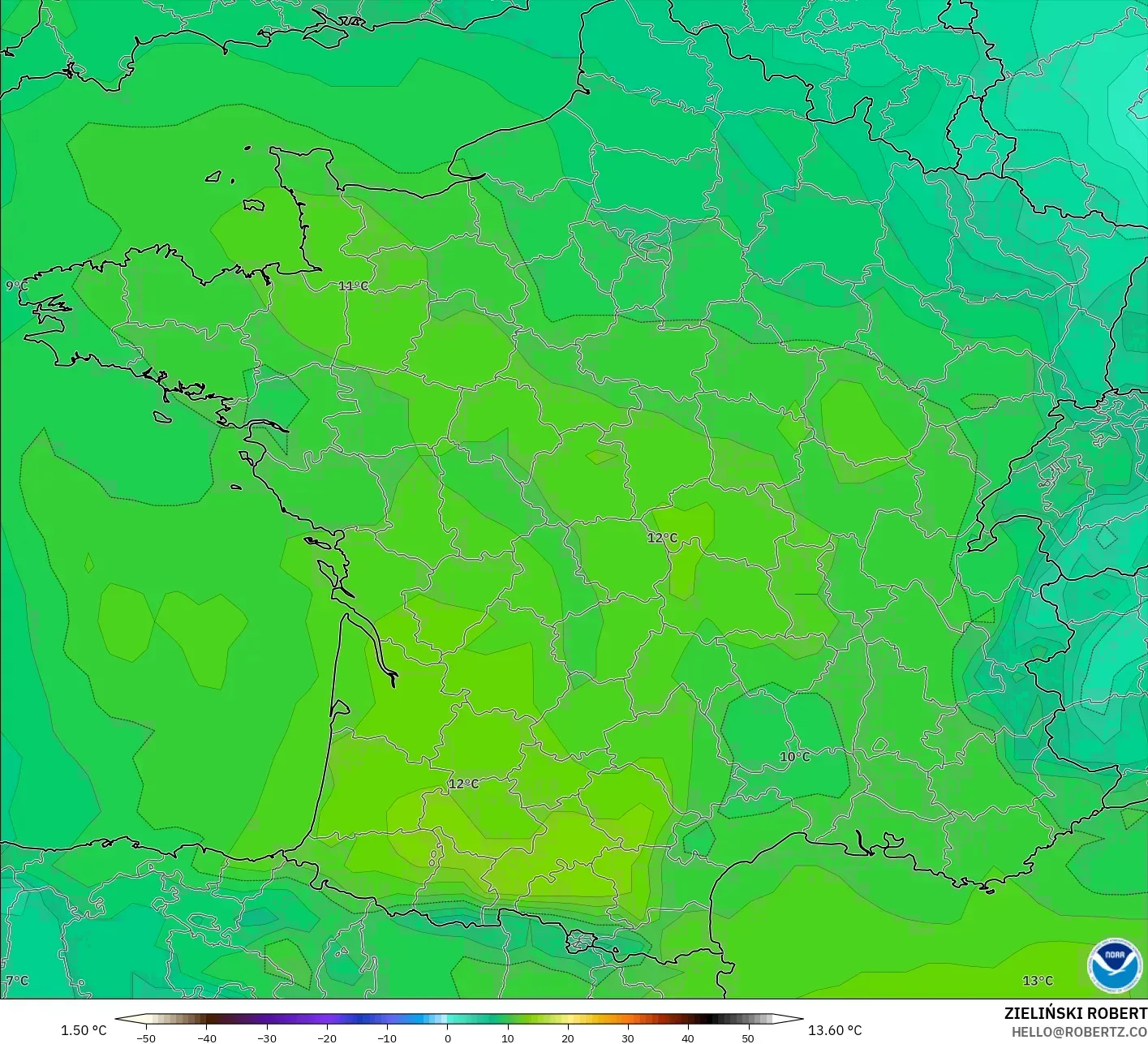 GFS modelo - França, Temperatura a 850 hPa