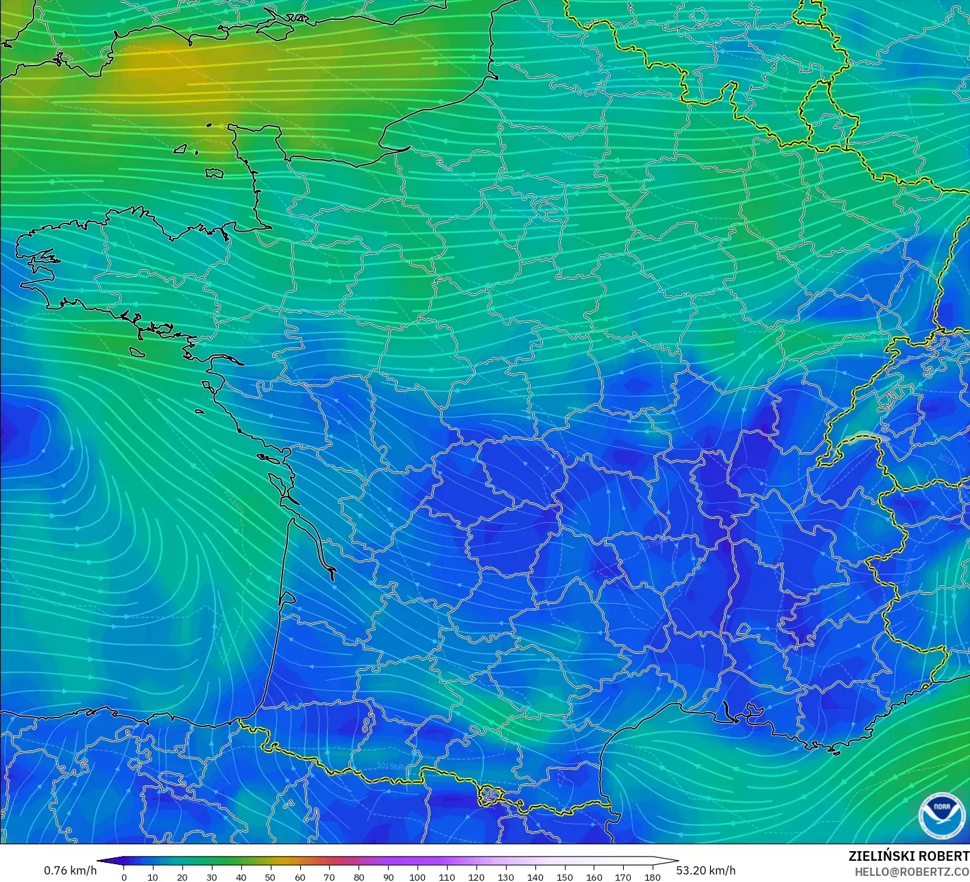 GFS modelo - França, Vento a 10 m
