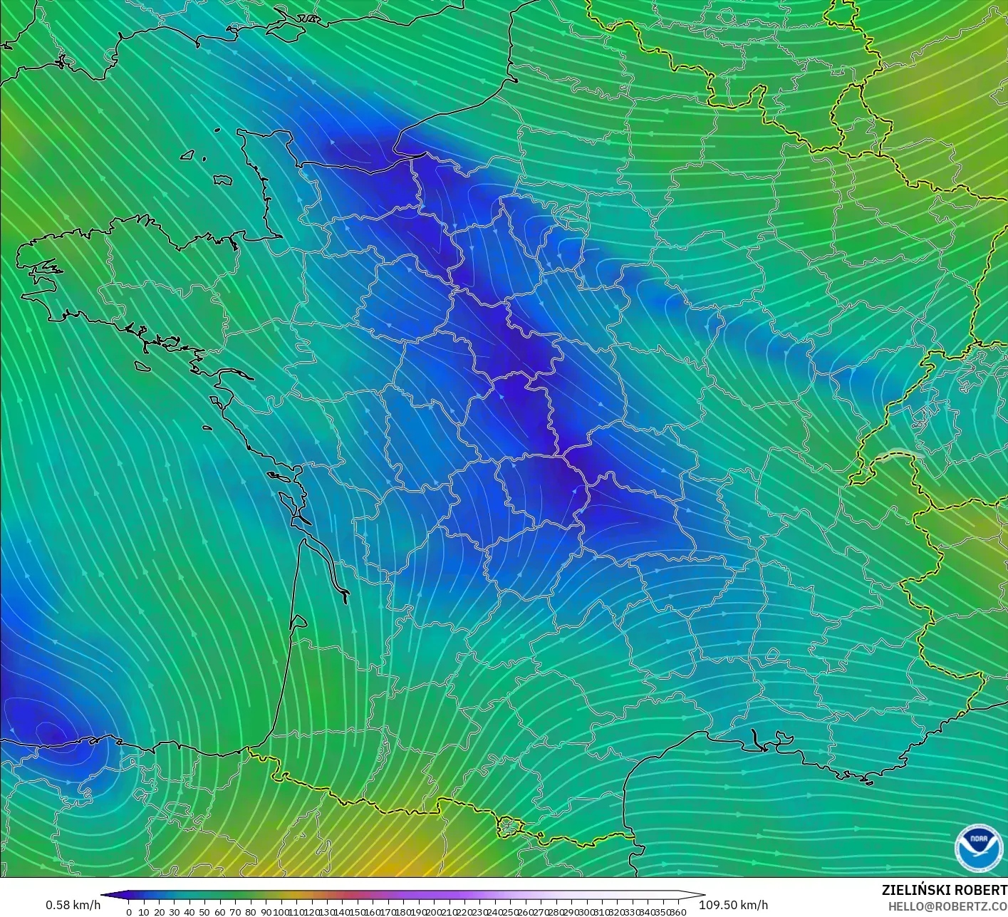 GFS modelo - França, Vento a 300 hPa (corrente em jato)