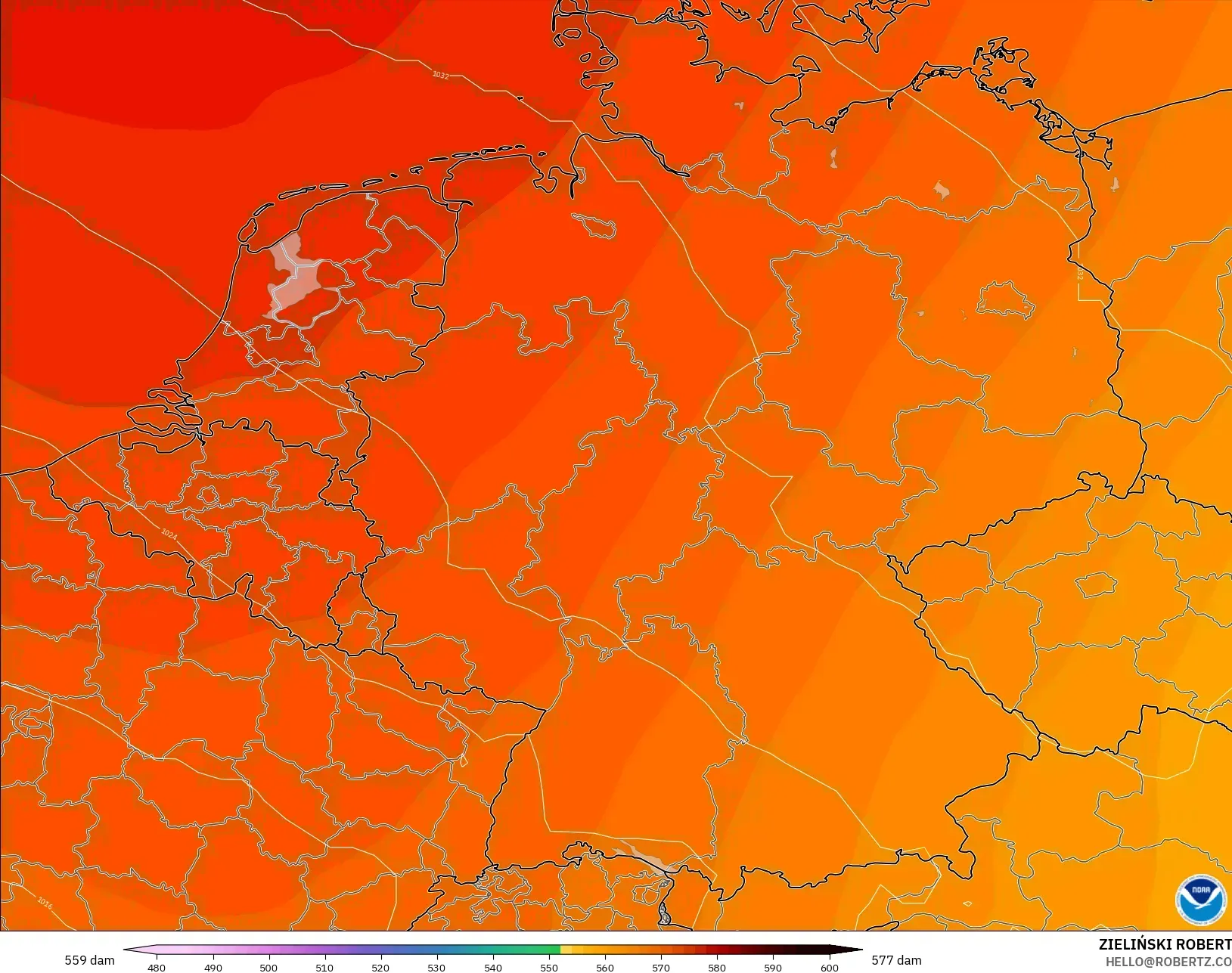 GFS modelo - Alemanha, Altura geopotencial a 500 hPa