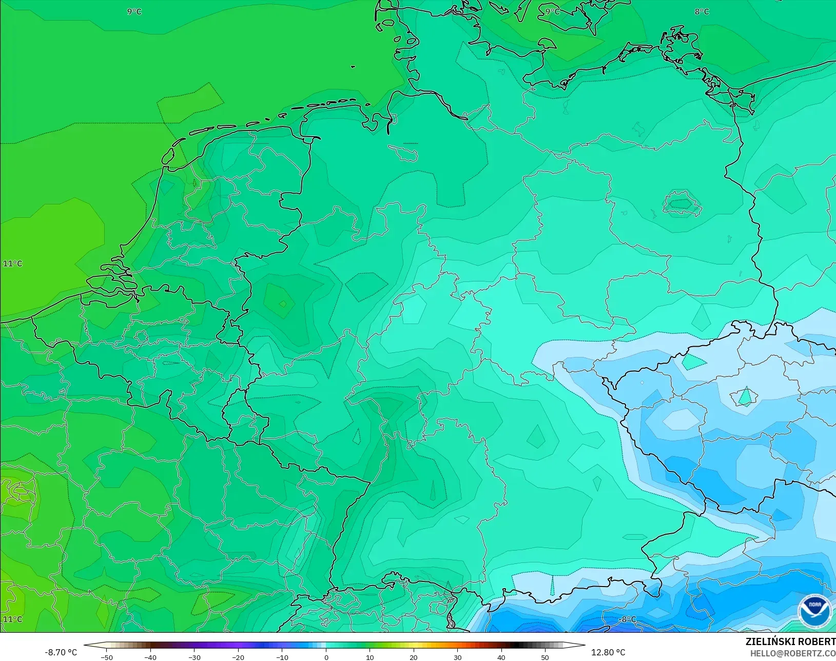 GFS modelo - Alemanha, Temperatura a 2 m