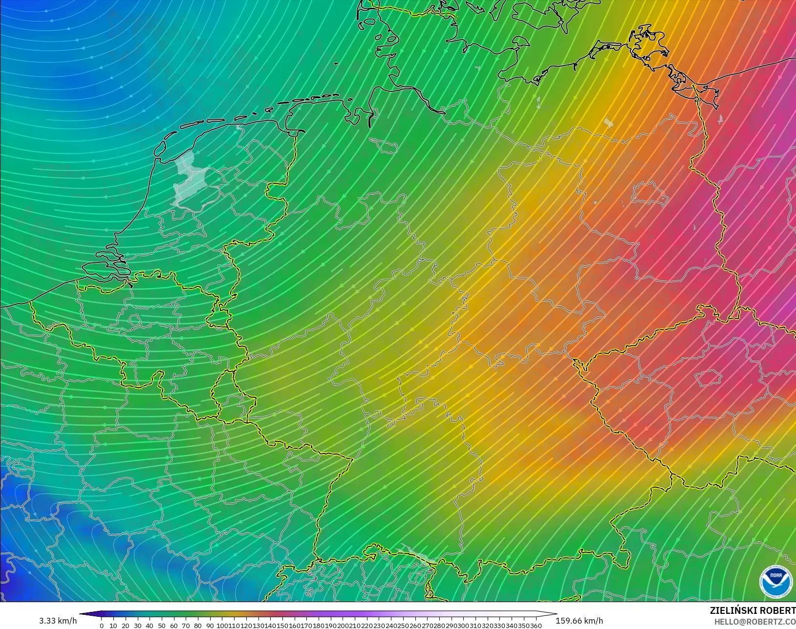 GFS modelo - Alemanha, Vento a 300 hPa (corrente em jato)