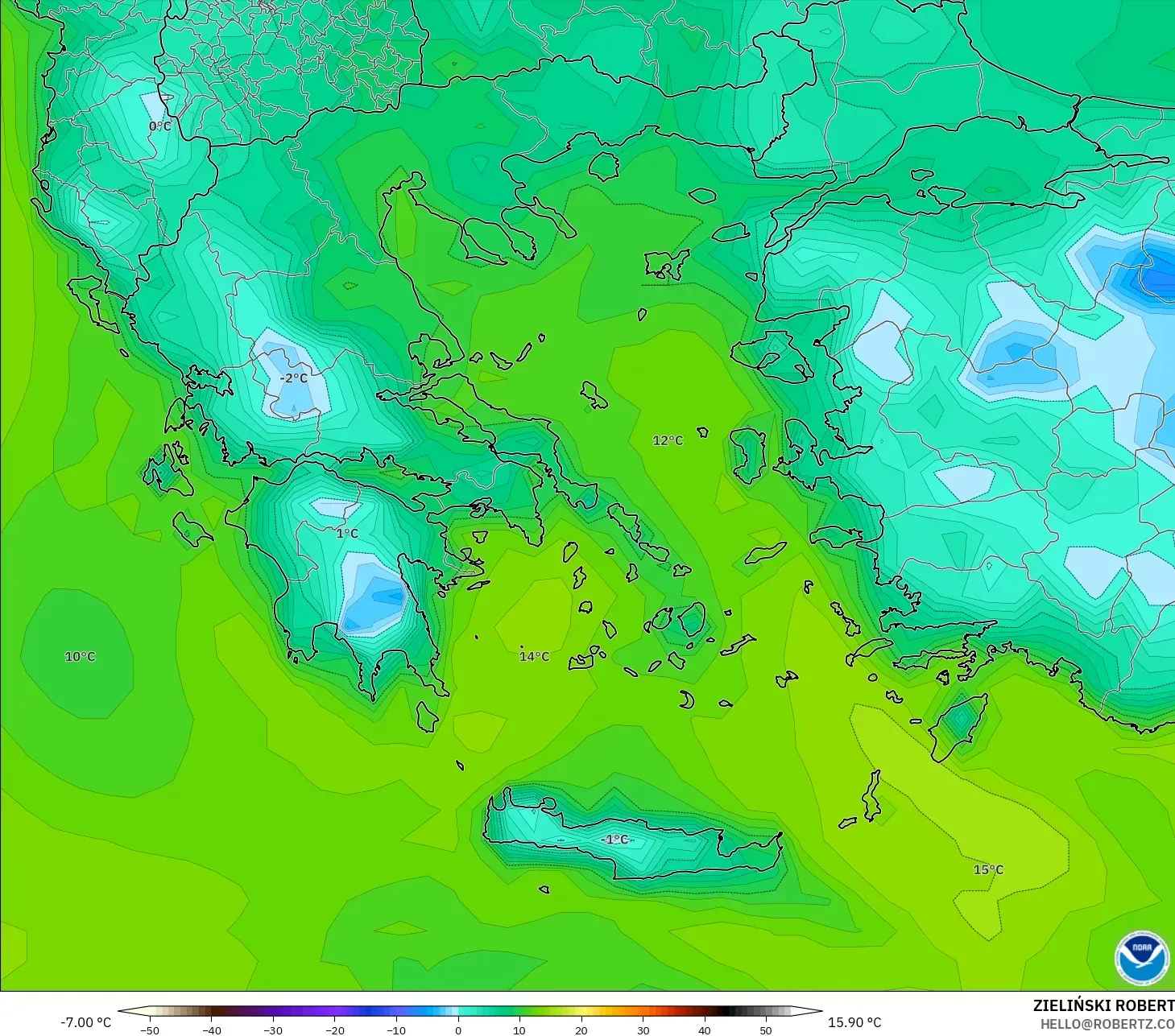 GFS modelo - Grécia, Ponto de orvalho a 2 m