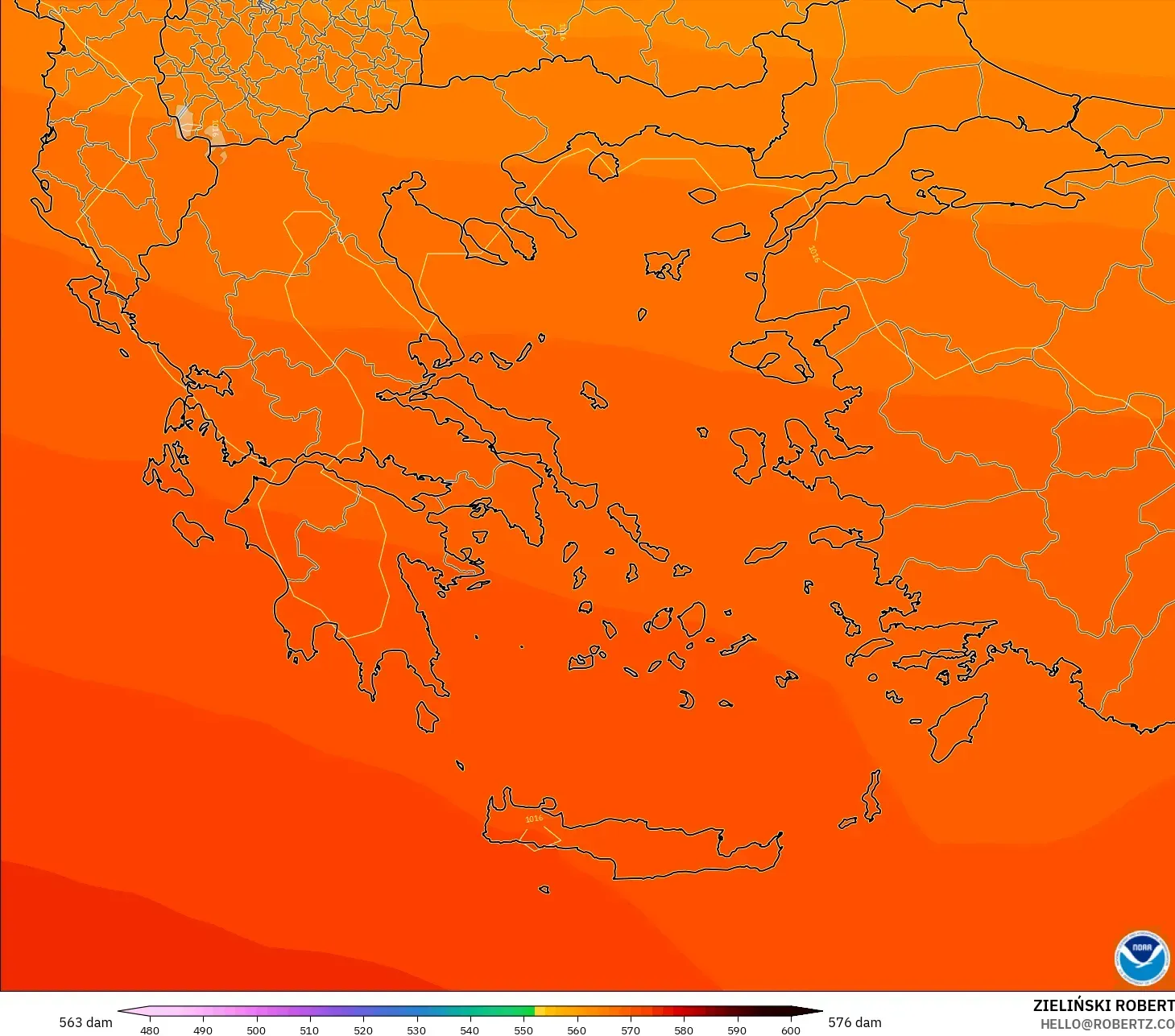 GFS modelo - Grécia, Altura geopotencial a 500 hPa