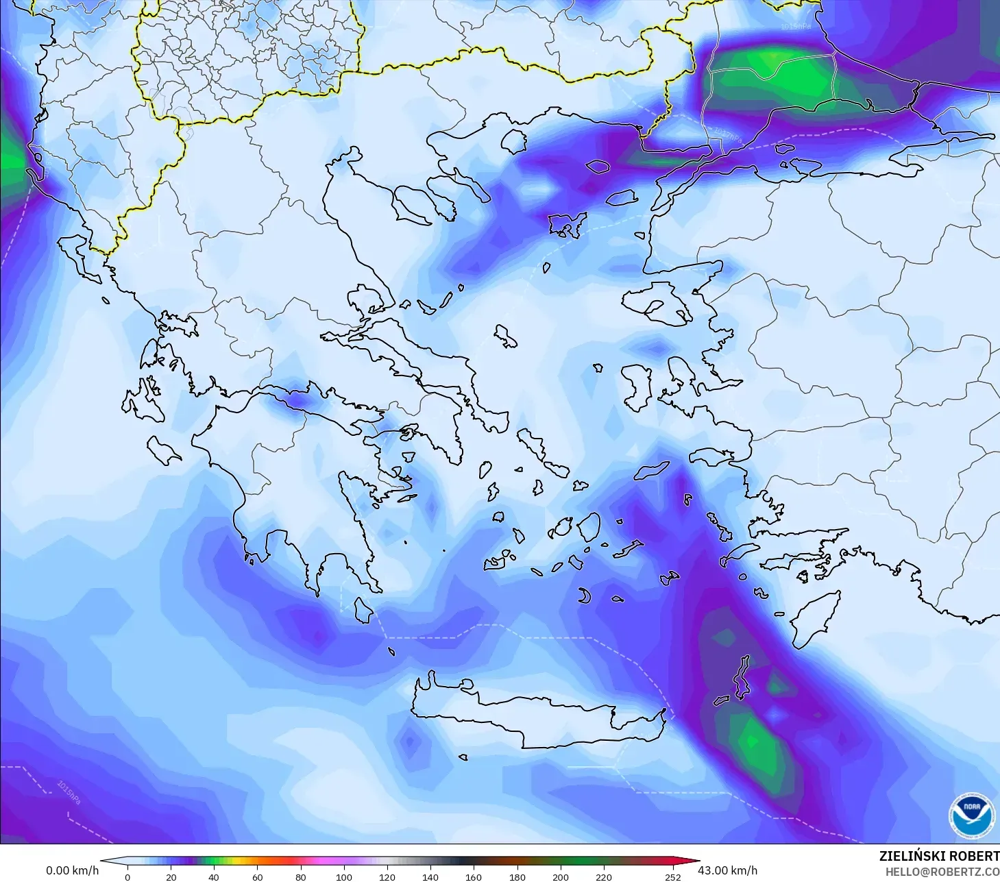 GFS modelo - Grécia, Rajadas de vento