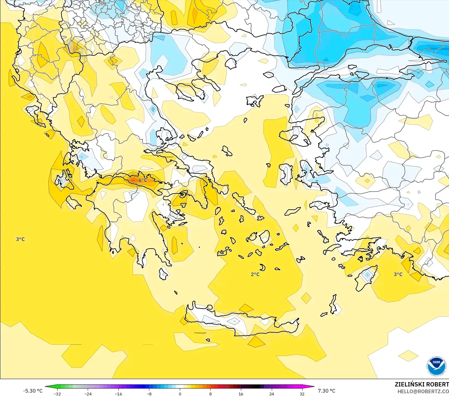 GFS modelo - Grécia, Anomalia de temperatura a 2 m