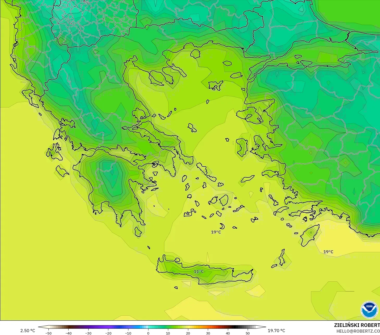 GFS modelo - Grécia, Temperatura a 2 m