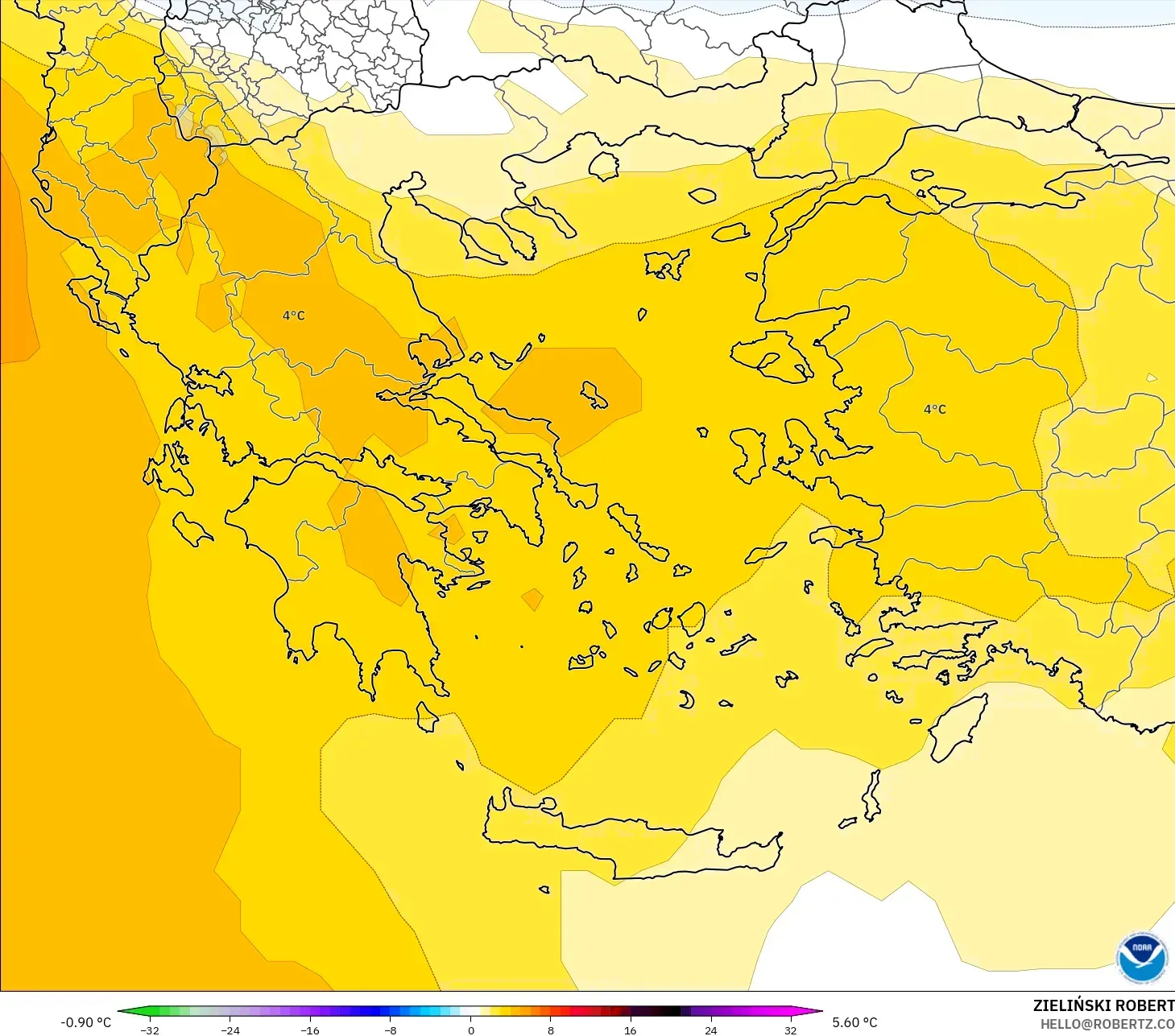 GFS modelo - Grécia, Anomalia de temperatura a 850 hPa