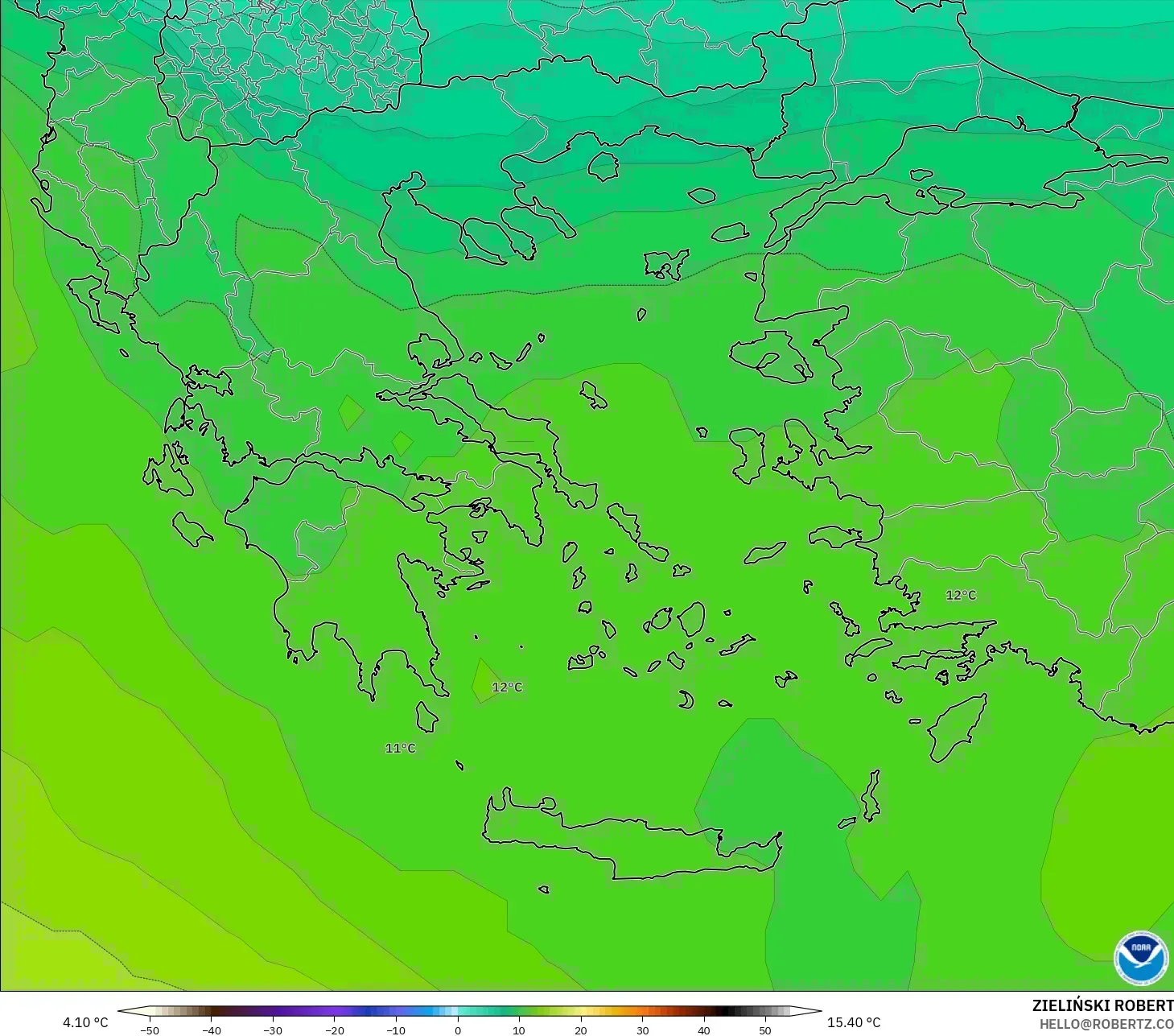 GFS modelo - Grécia, Temperatura a 850 hPa