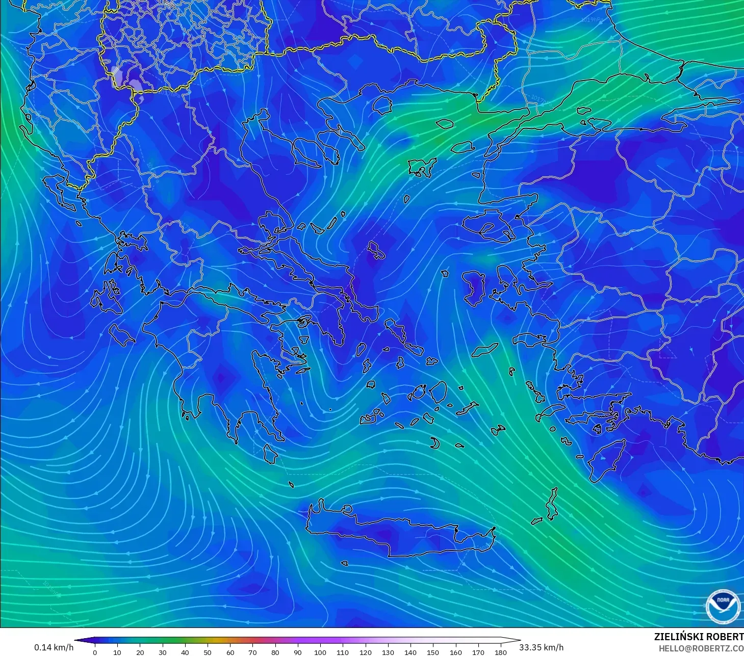 GFS modelo - Grécia, Vento a 10 m