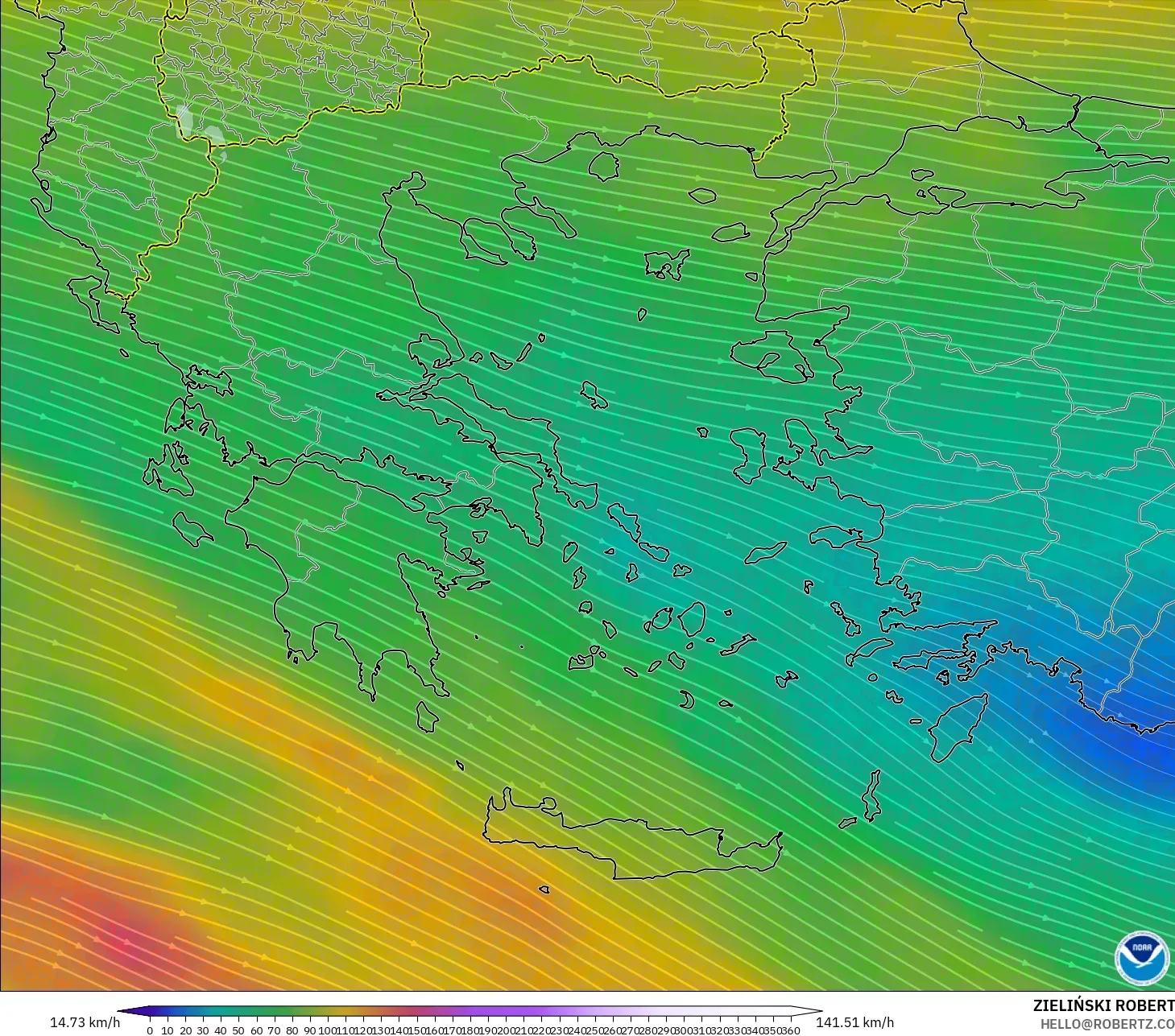GFS modelo - Grécia, Vento a 300 hPa (corrente em jato)