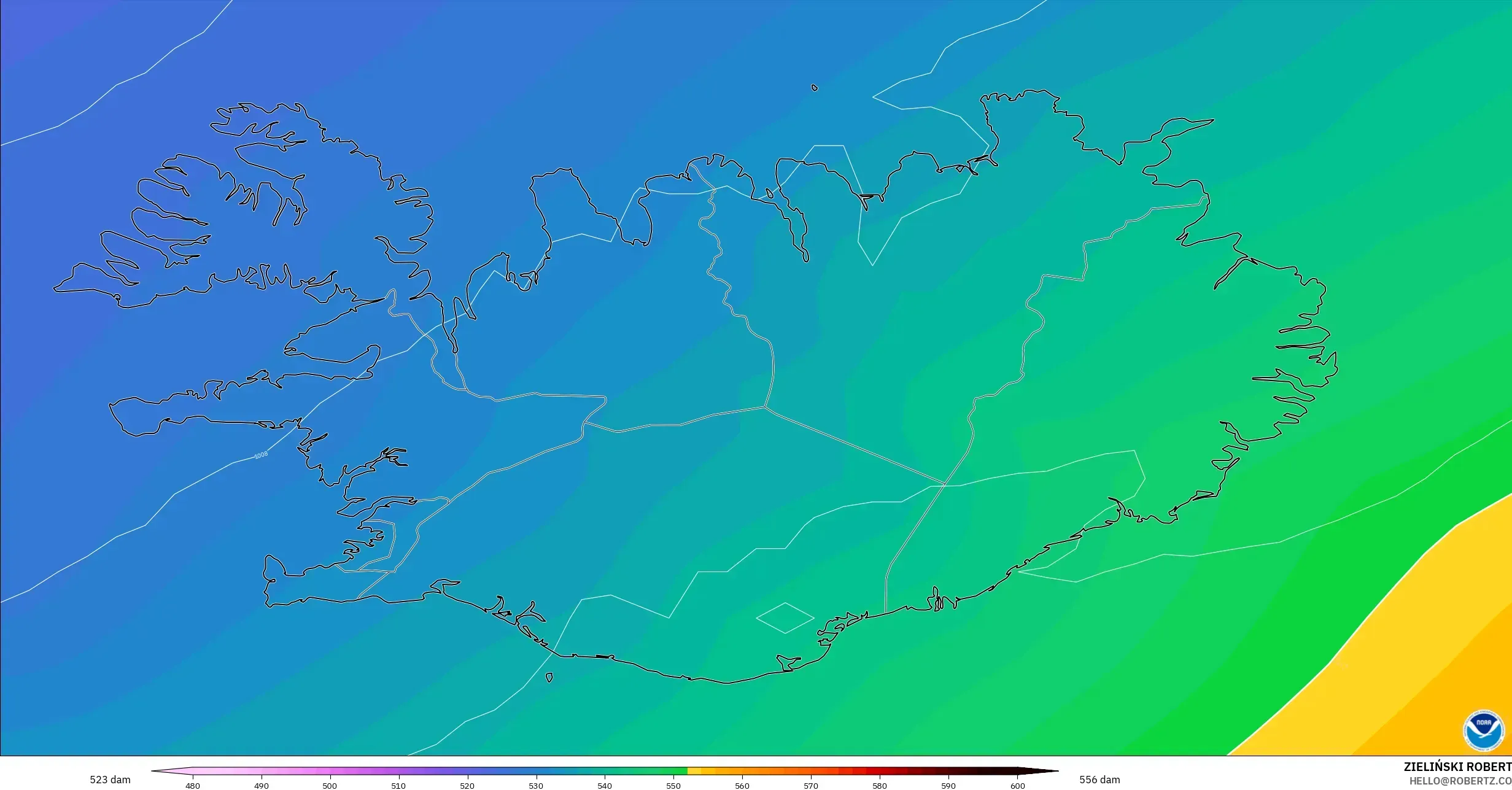 GFS modelo - Islândia, Altura geopotencial a 500 hPa