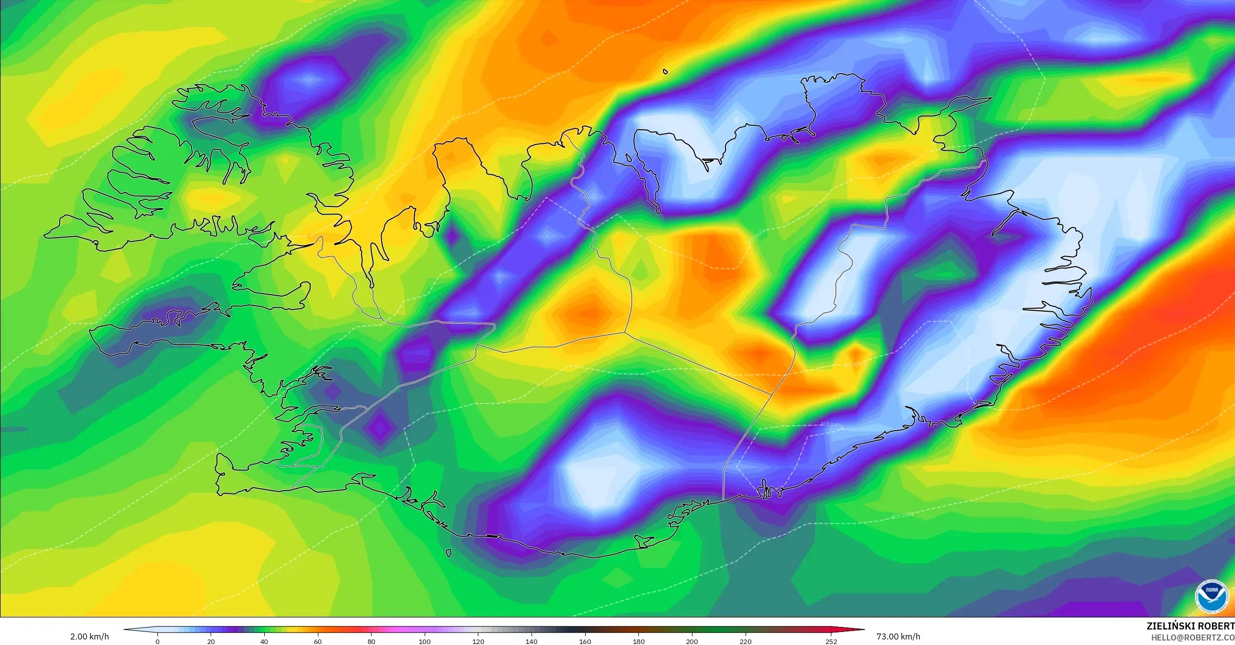 GFS modelo - Islândia, Rajadas de vento