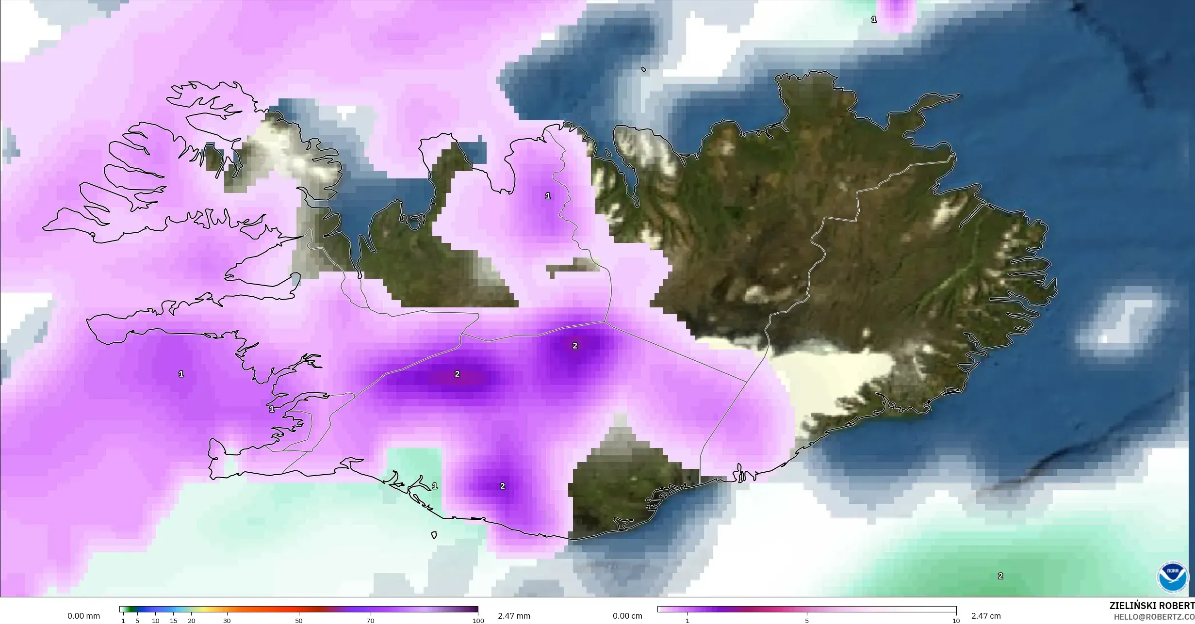 GFS modelo - Islândia, Precipitação, nuvens e pressão