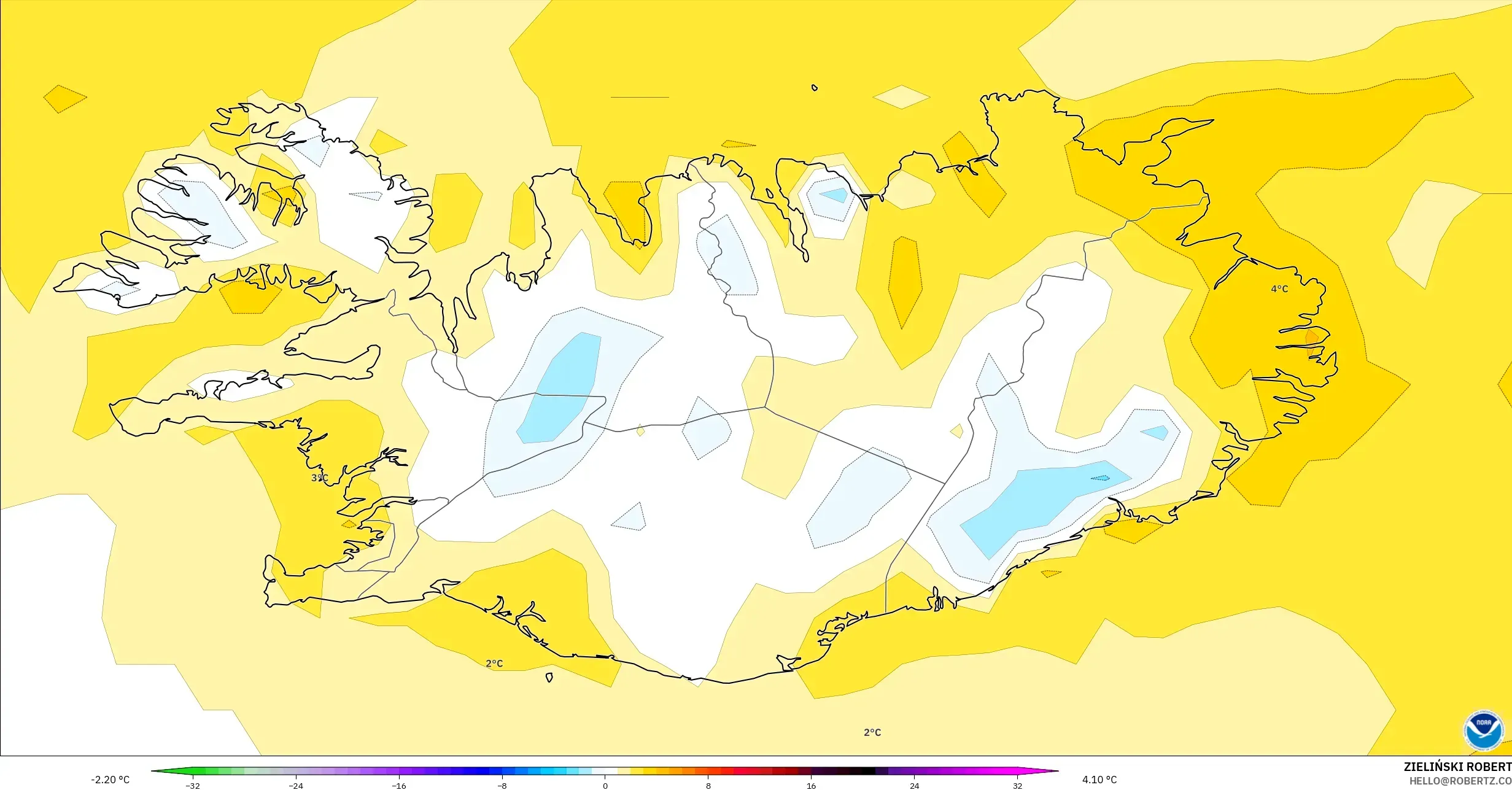 GFS modelo - Islândia, Anomalia de temperatura a 2 m