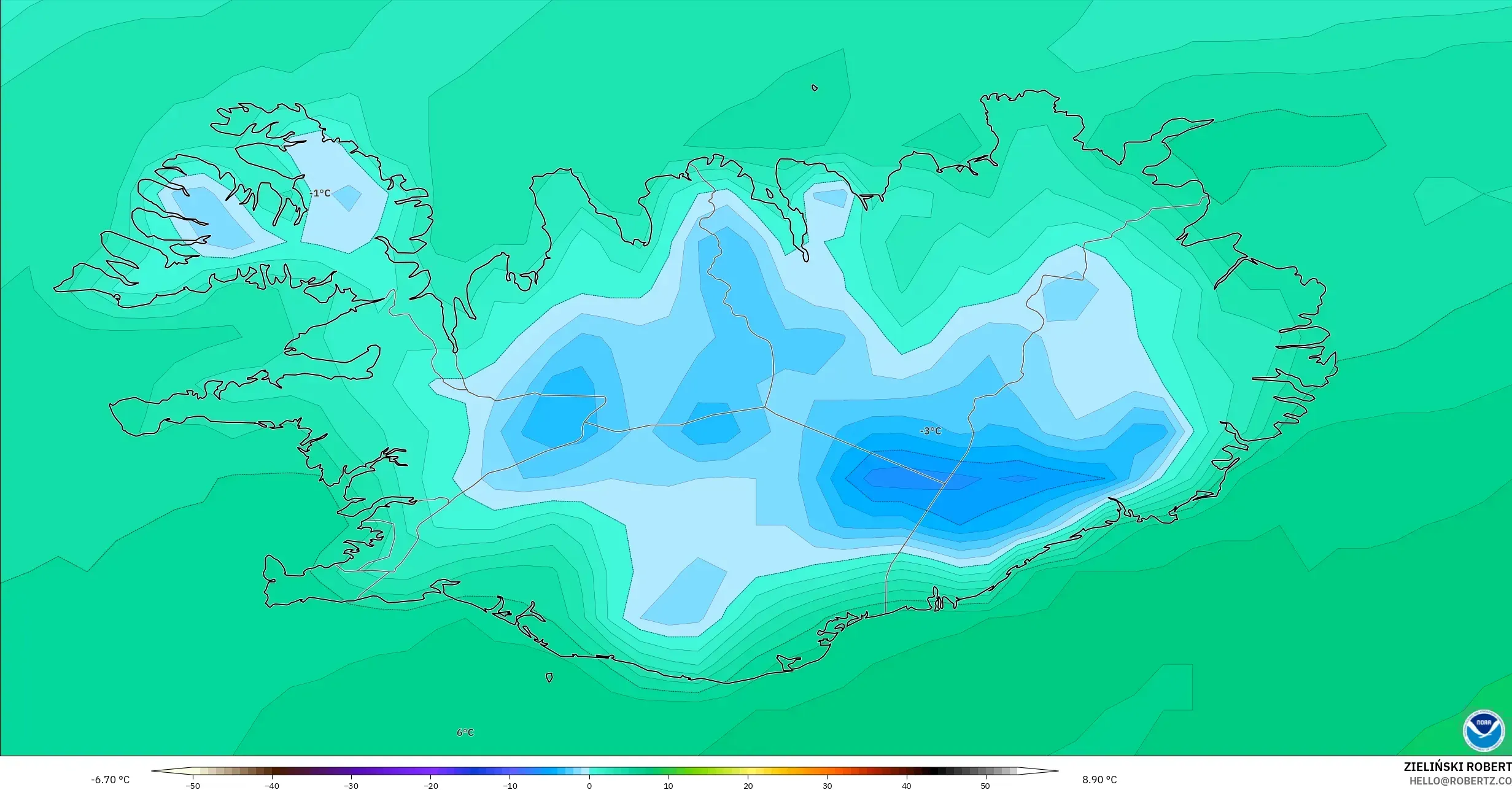 GFS modelo - Islândia, Temperatura a 2 m