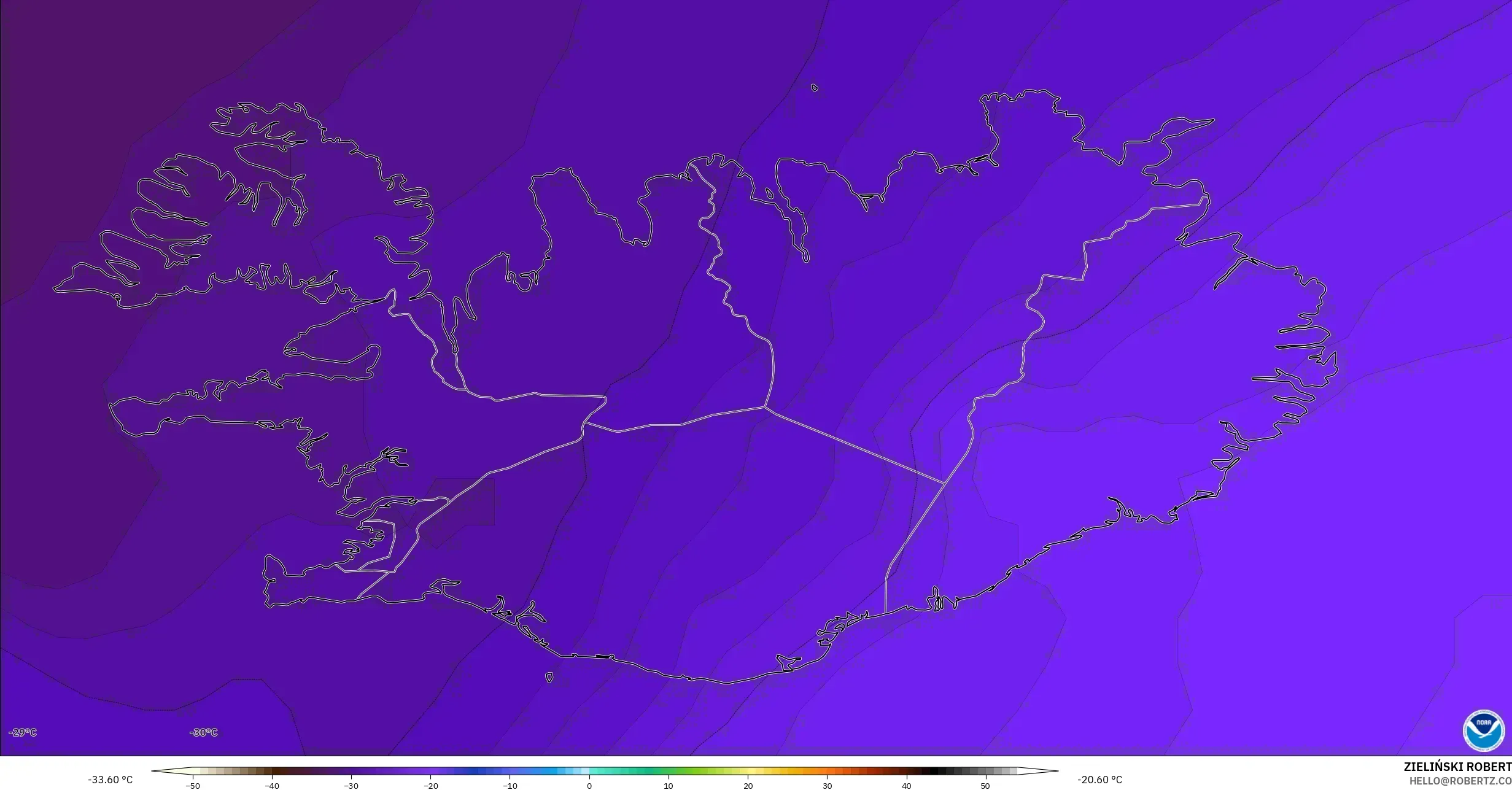GFS modelo - Islândia, Temperatura a 500 hPa